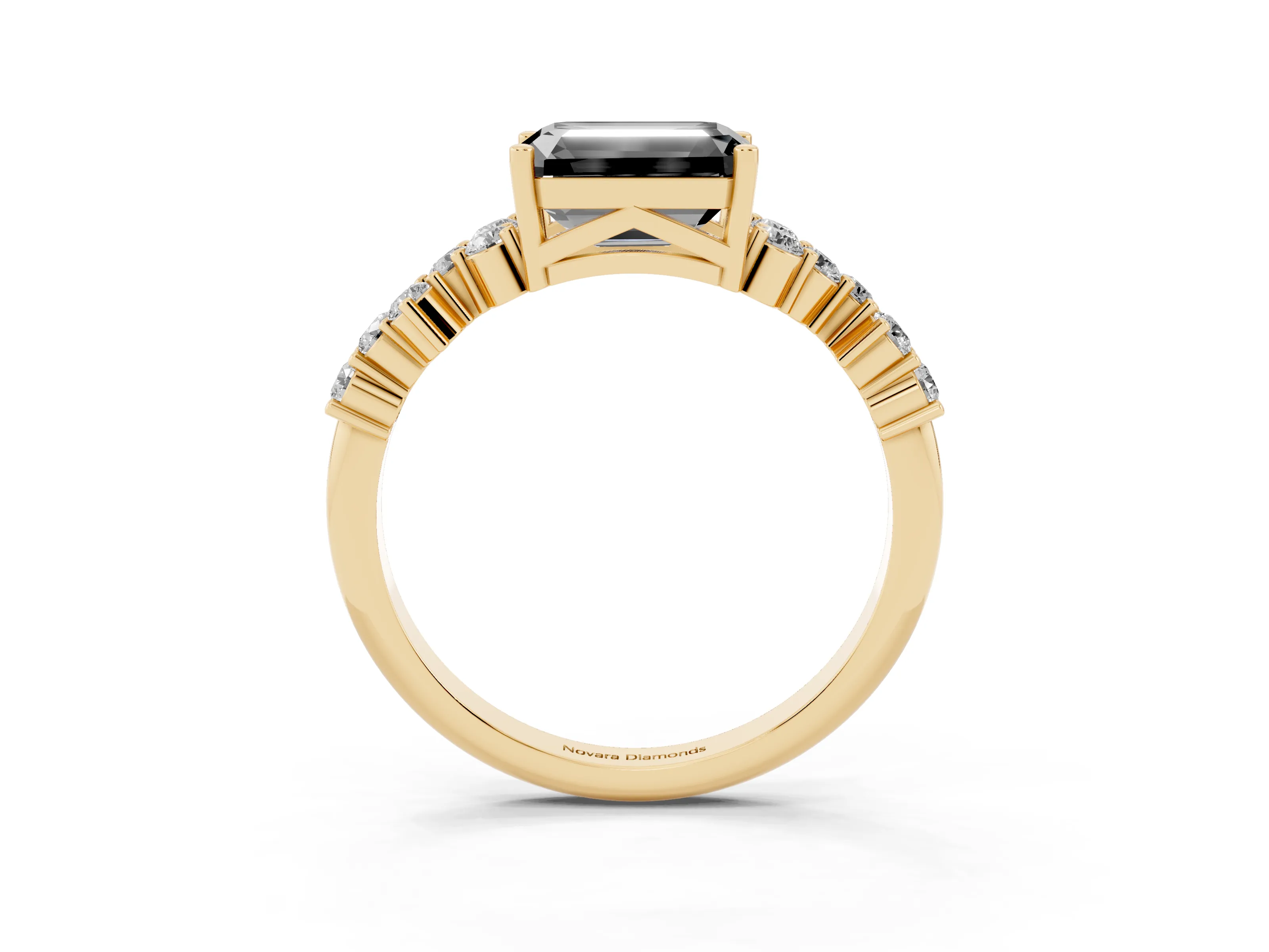 Fancy Black Emerald Cut Diamond Ring Set in Yellow gold with Scattered Round Accents
