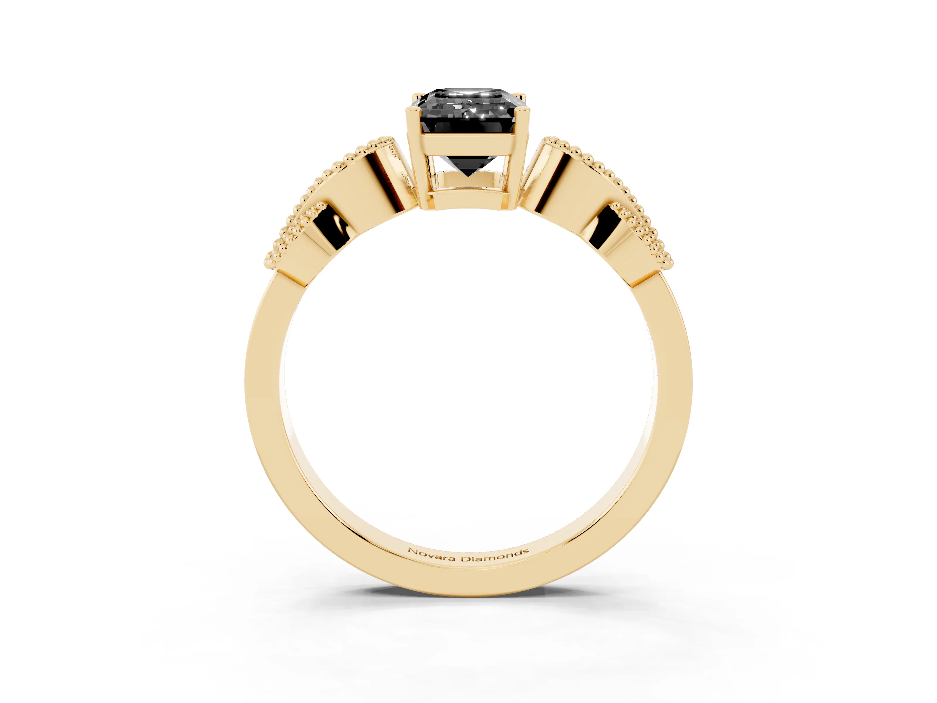 Fancy Black Emerald Cut Diamond Milgrain Leaf Band Solitaire Ring Set in Yellow gold with Accent Stones and Prong Setting