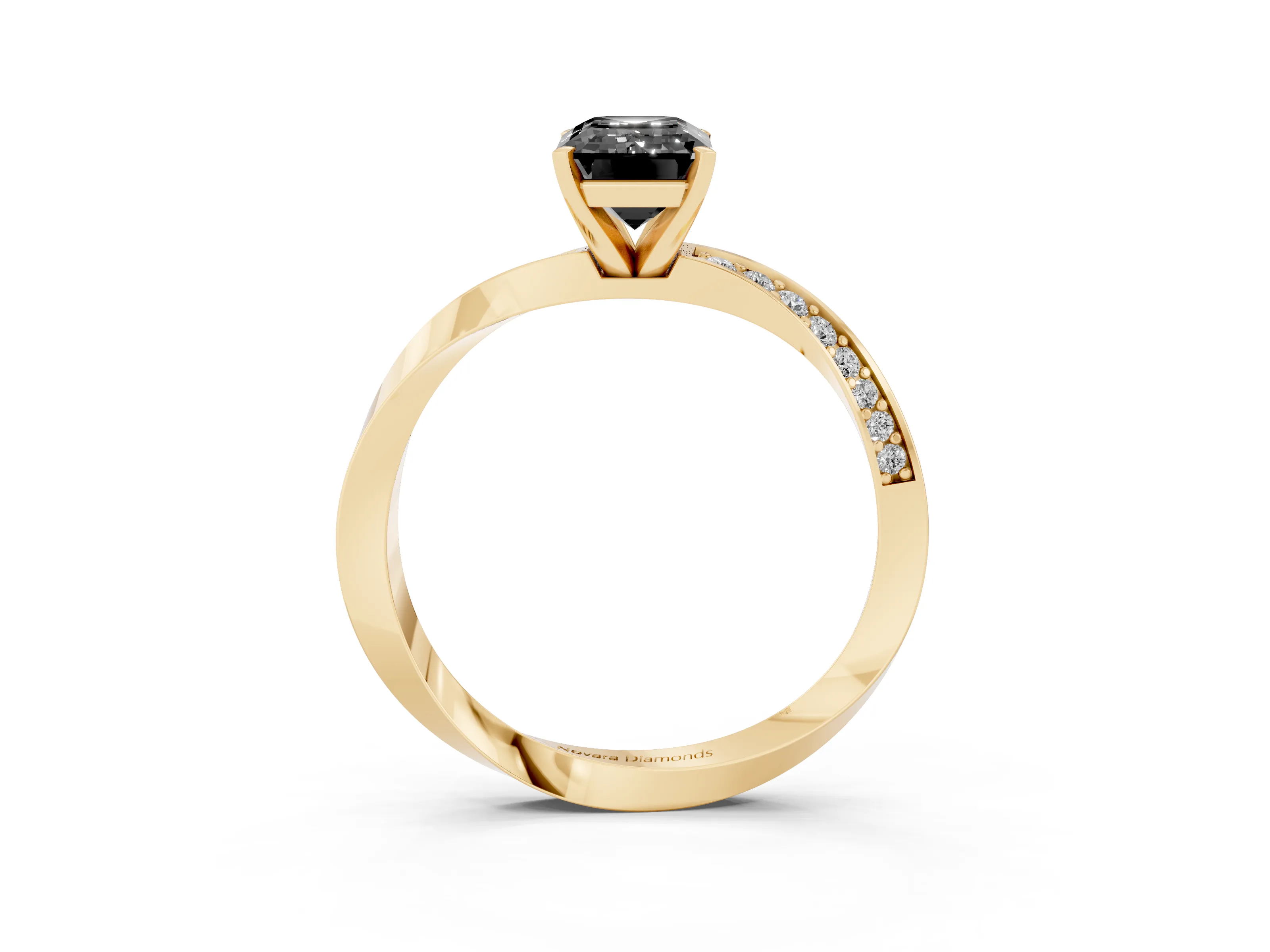 Fancy Black Emerald Cut Diamond Engagement Ring Set in Yellow gold with Side Stone Accents and Prong Setting