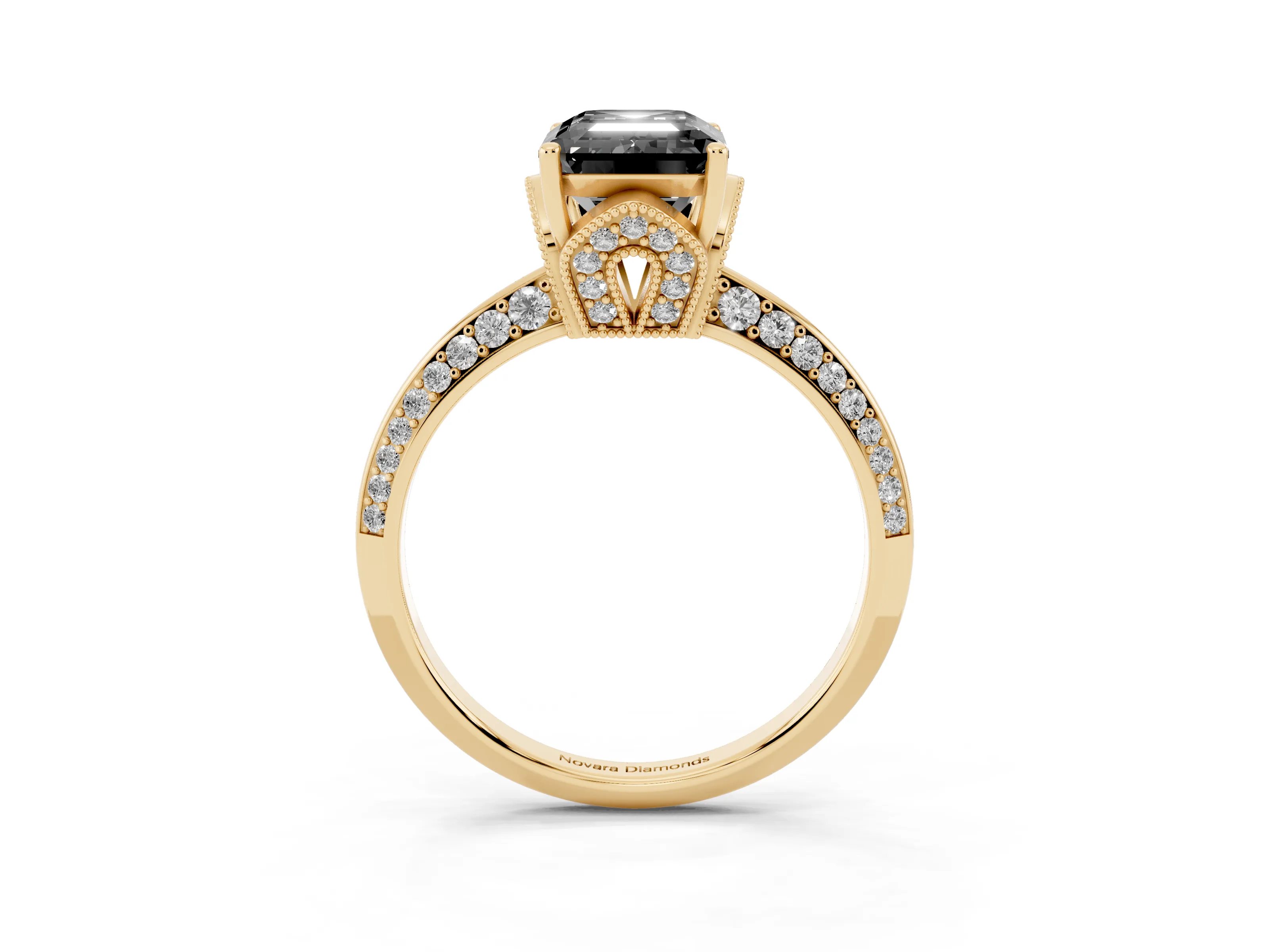Fancy Black Emerald Cut Diamond Solitaire Engagement Ring Set in Yellow gold with Pavé Split Shank and Prong Setting