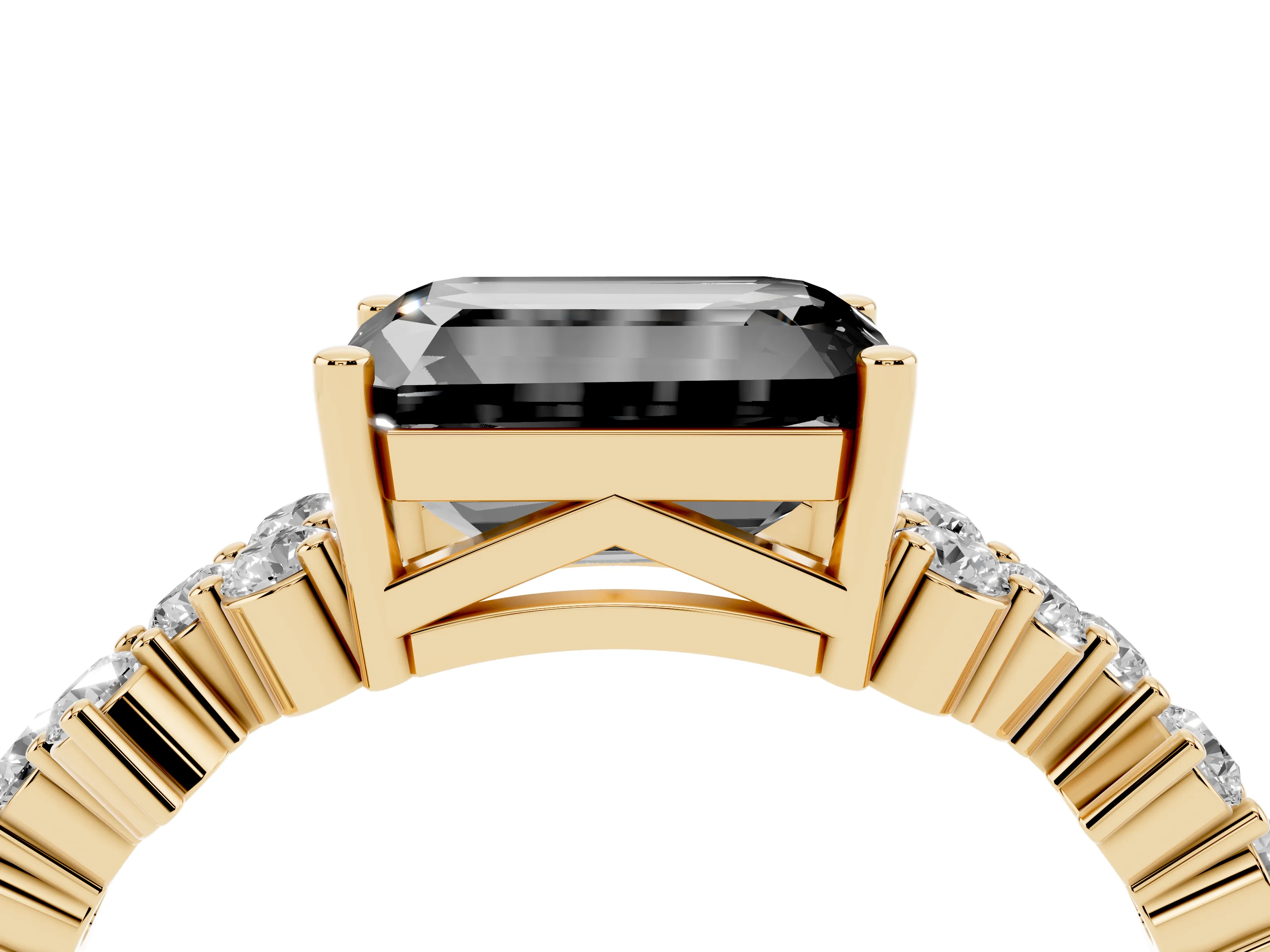 Fancy Black Emerald Cut Diamond Ring Set in Yellow gold with Scattered Round Accents