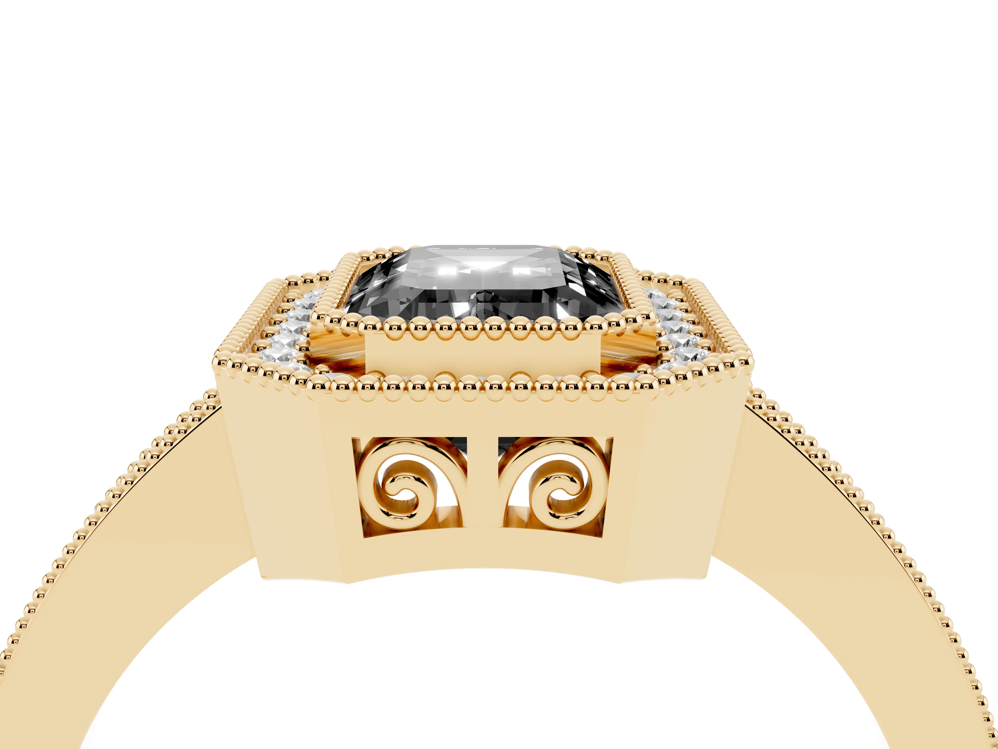 Fancy Black Emerald Cut Diamond Round Halo Ring Set in Yellow gold with Pavé Band