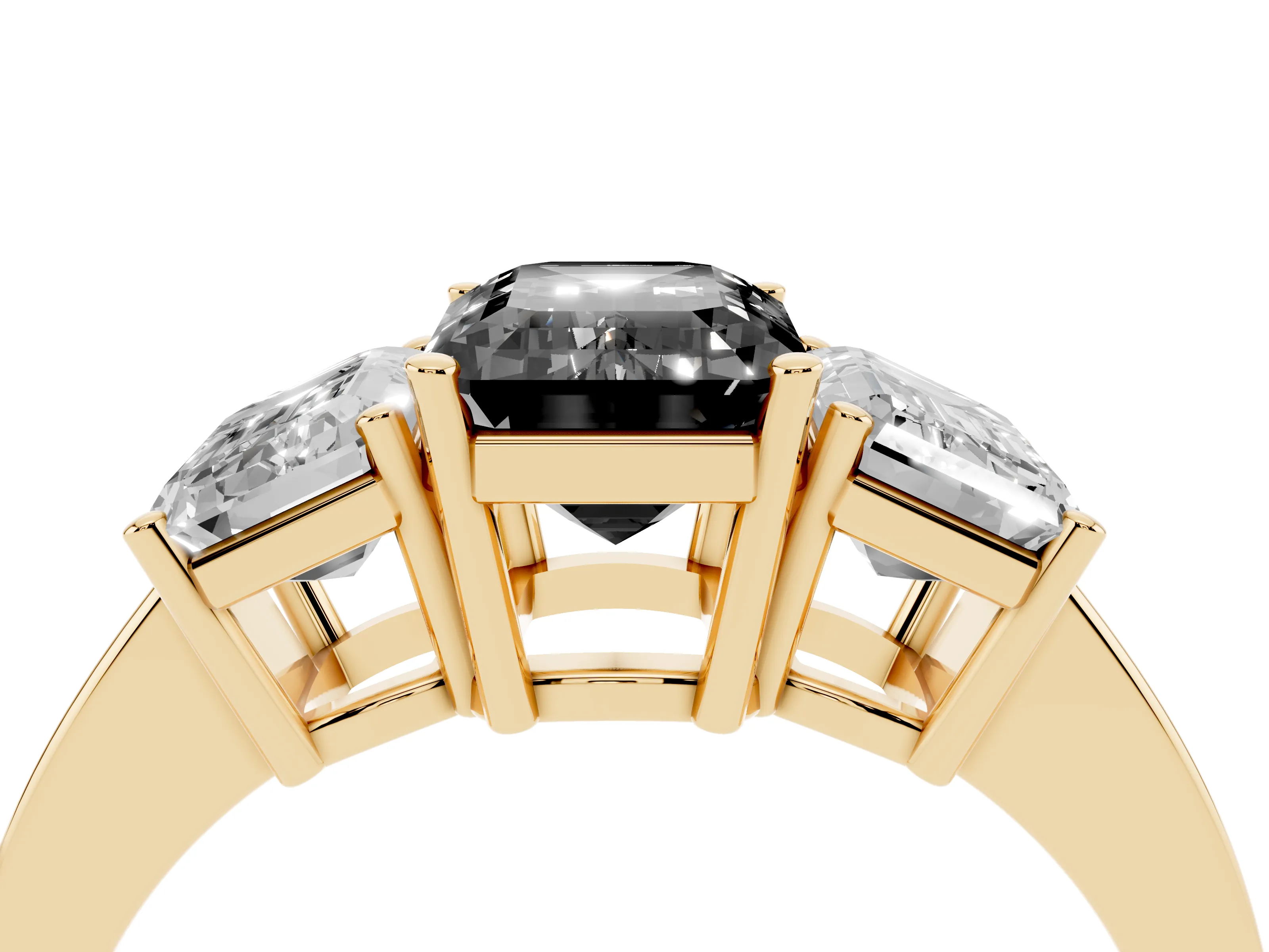 Fancy Black Emerald Cut Diamond Three-Stone Engagement Ring Set in Yellow gold with Flat Band