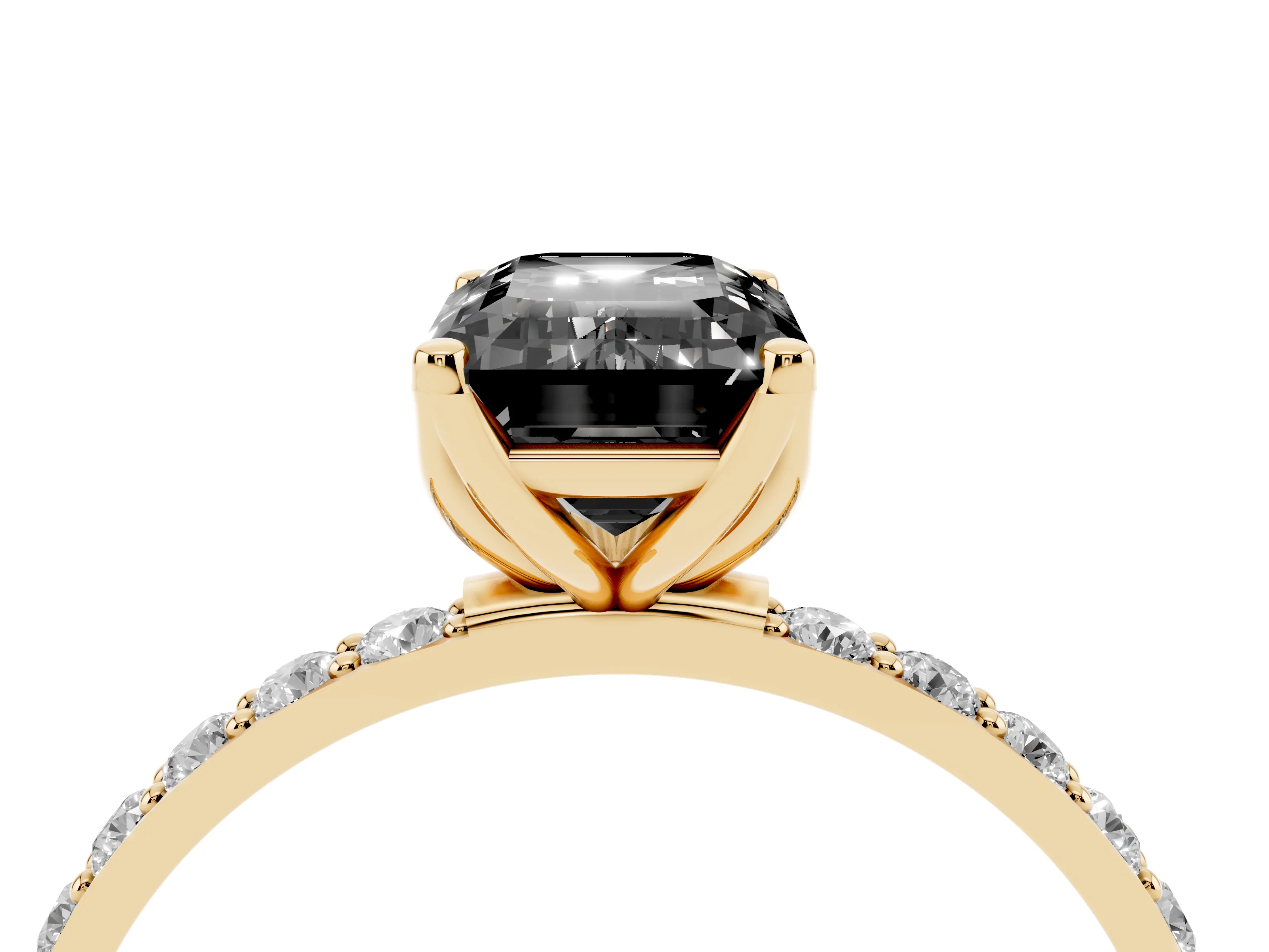 Fancy Black Emerald Cut Diamond Solitaire Engagement Ring Set in Yellow gold with Round Pavé Band and Prong Setting
