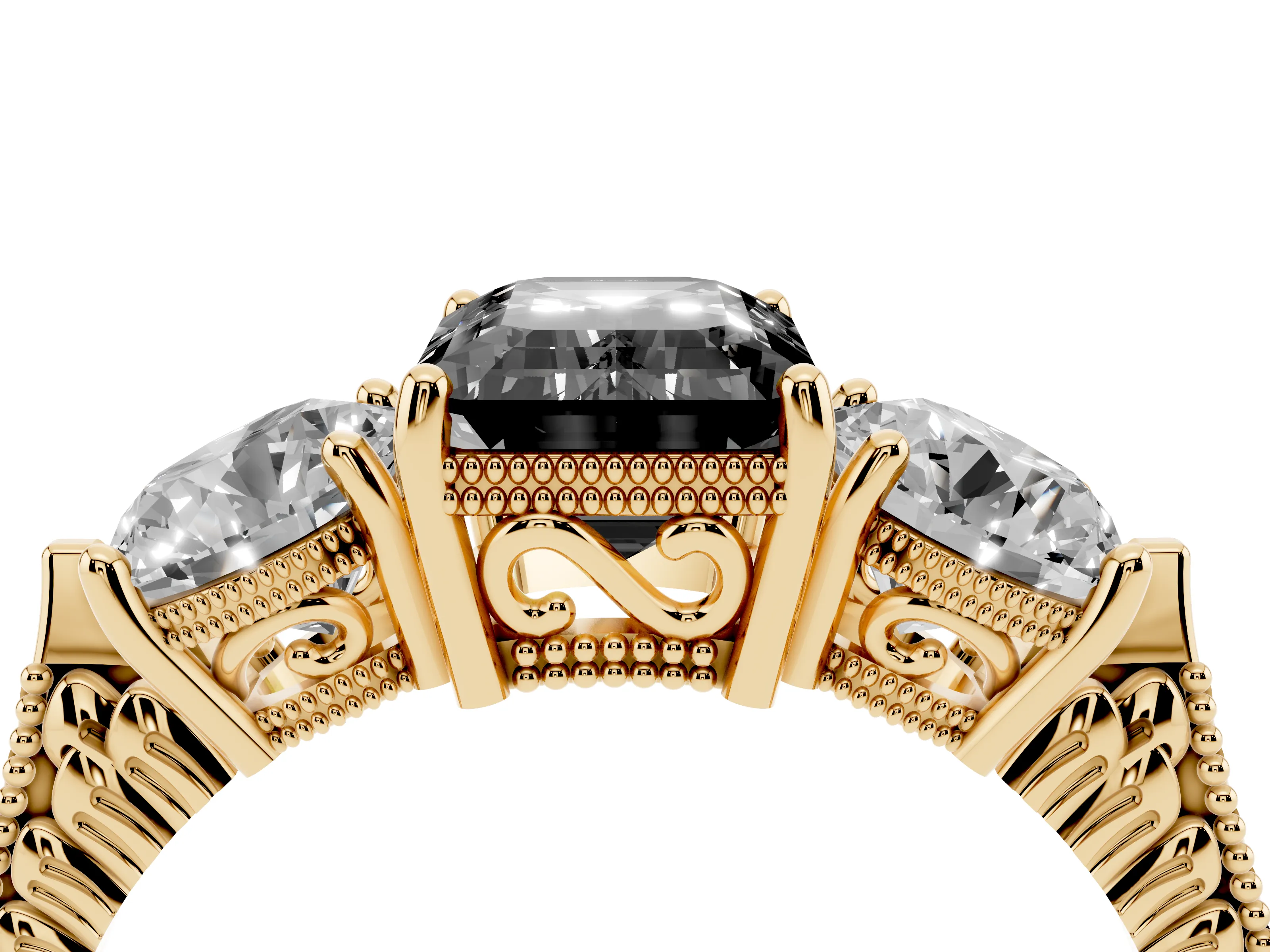 Fancy Black Emerald Cut Diamond Three-Stone Ring Set in Yellow gold with Milgrain Band