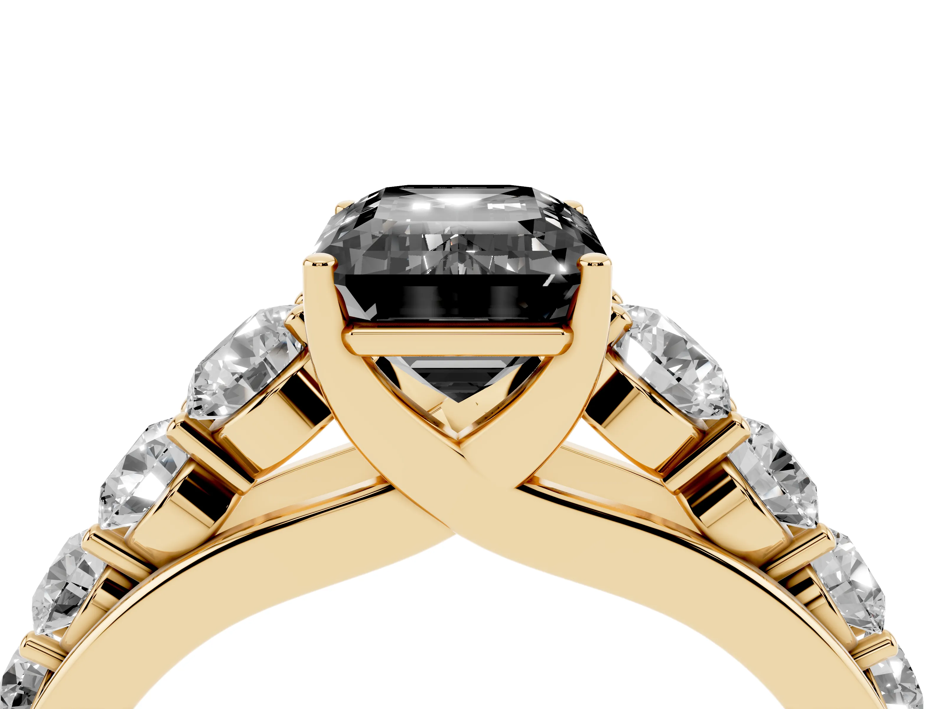 Fancy Black Emerald Cut Diamond Solitaire Ring Set in Yellow gold with Pavé-Set Band and Prong Setting