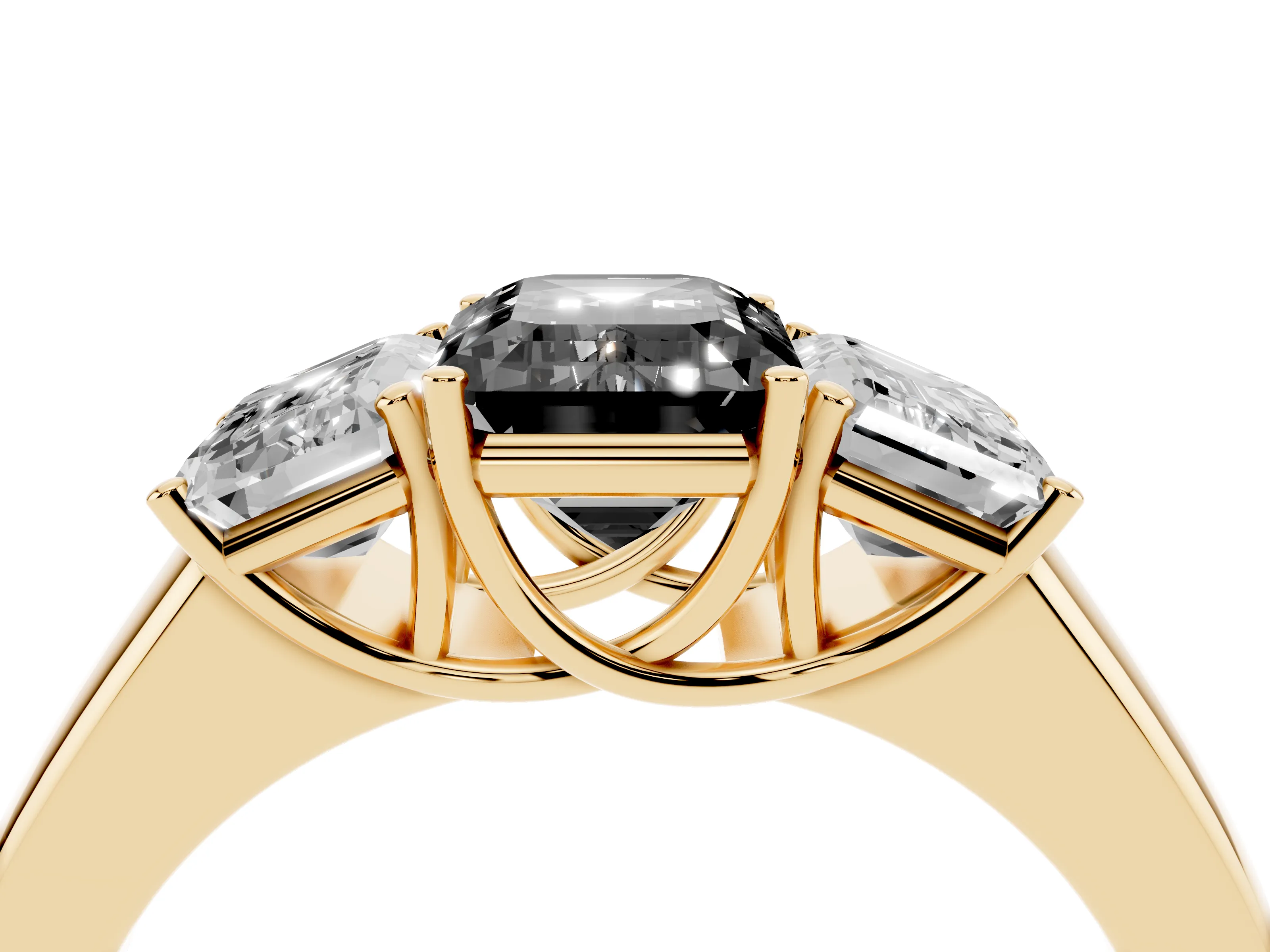 Fancy Black Three-Stone Emerald Cut Diamond Ring Set in Yellow gold with Matching Prong Settings and Plain Band