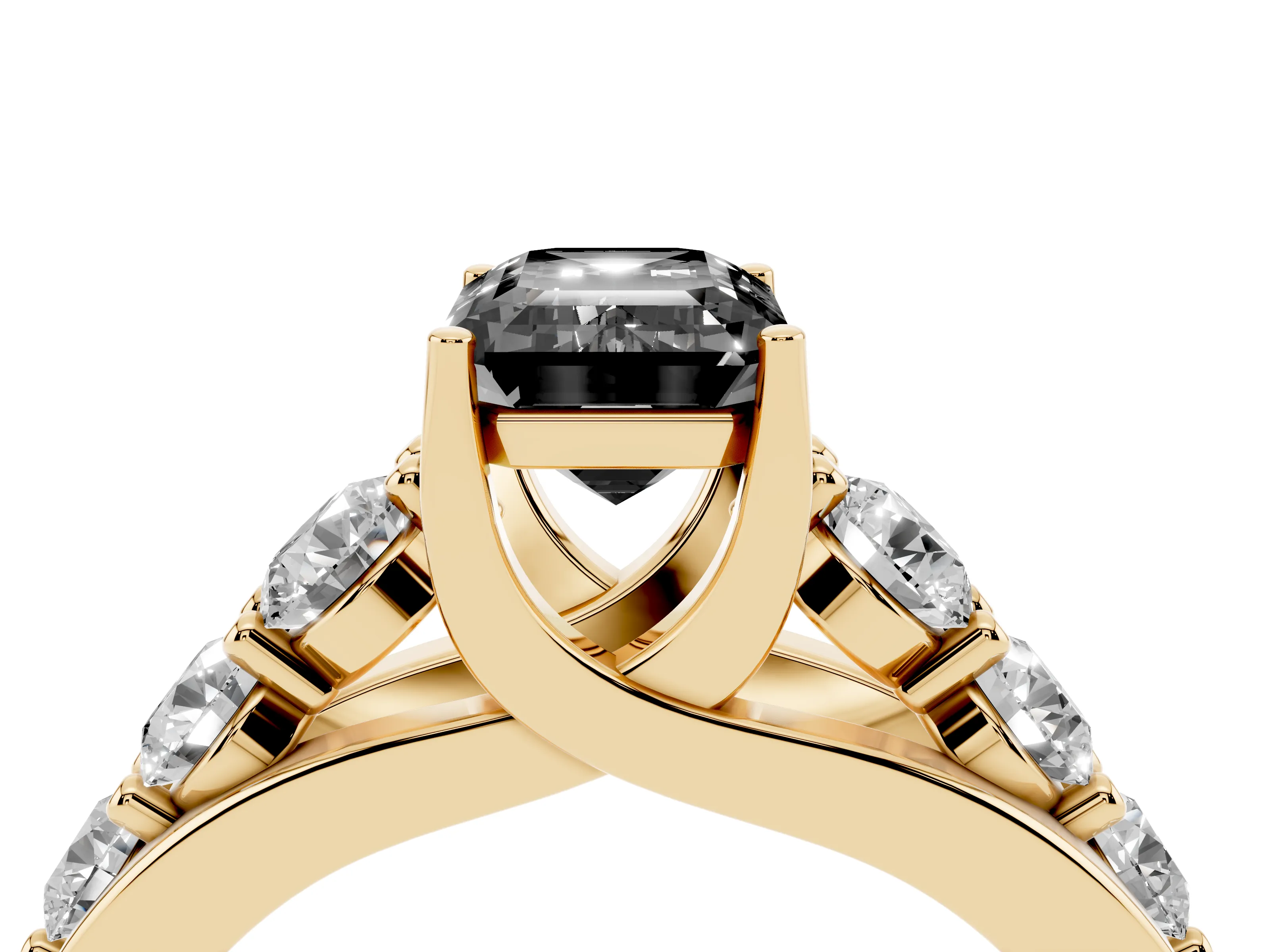 Fancy Black Emerald Cut Diamond Pavé Engagement Ring Set in Yellow gold with Prong Setting