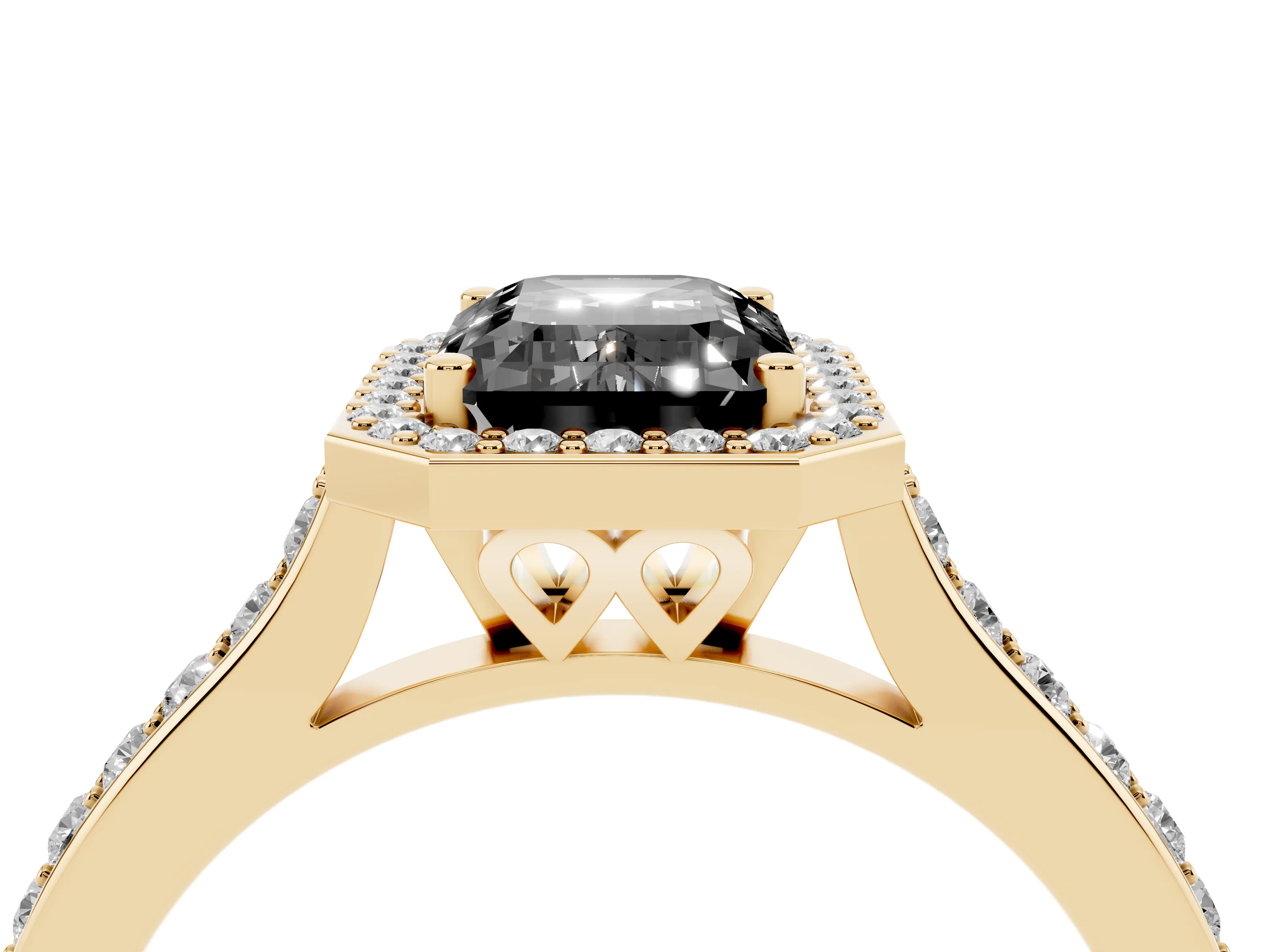 Fancy Black Emerald Cut Diamond Halo Engagement Ring Set in Yellow gold with Round Pavé Shoulders and Heart Gallery