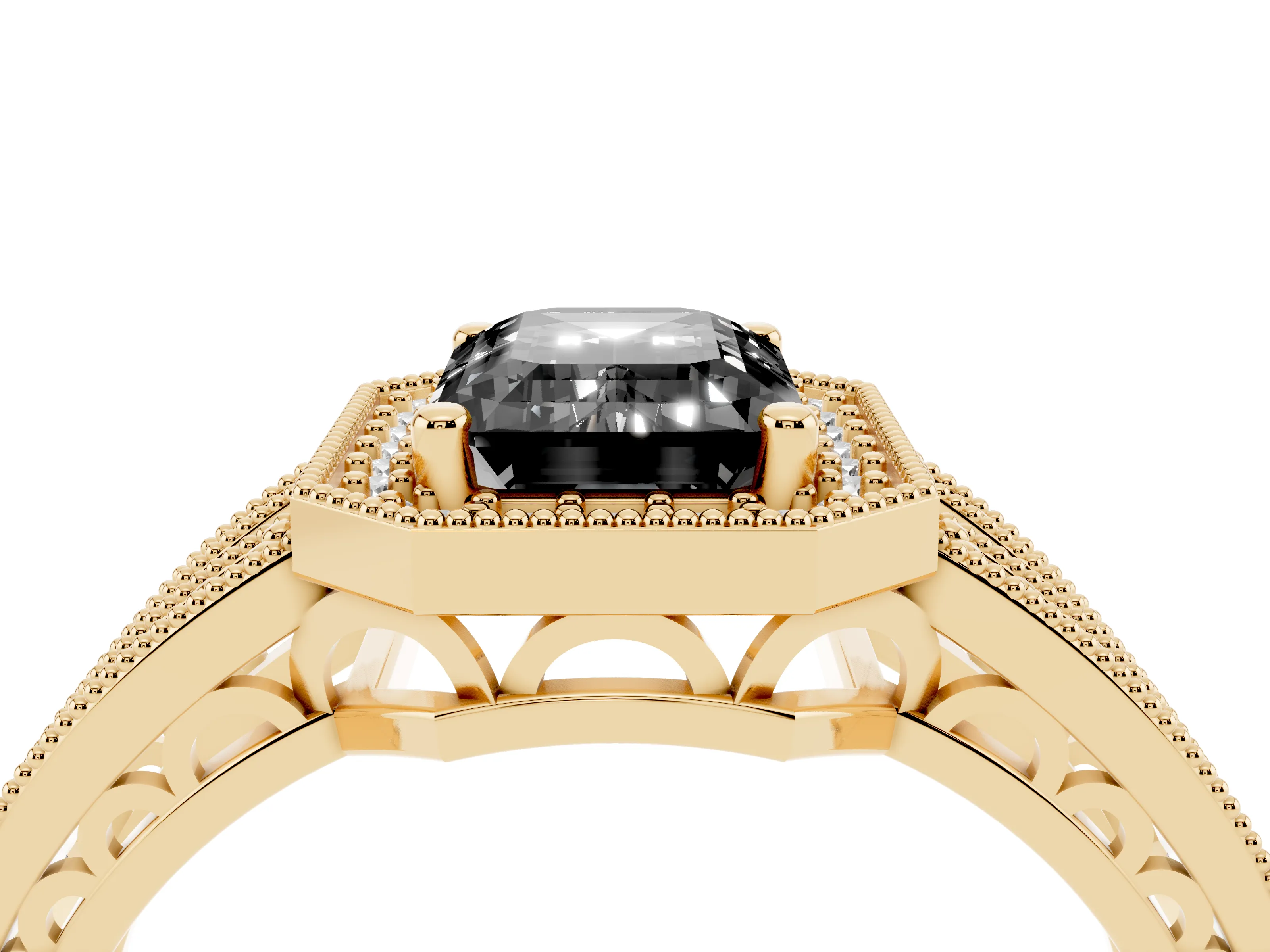 Fancy Black Emerald Cut Diamond Halo Ring Set in Yellow gold with Accent Split Shank and Prong Setting