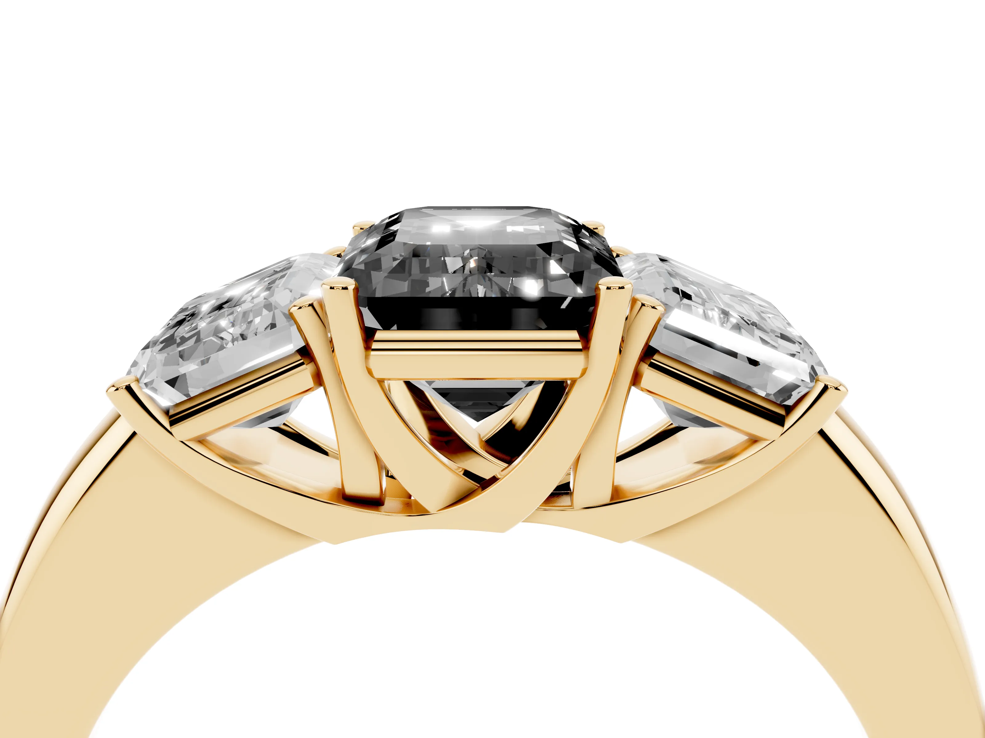 Fancy Black Emerald Cut Diamond Three-Stone Ring Set in Yellow gold with Bold Center and Classic Band