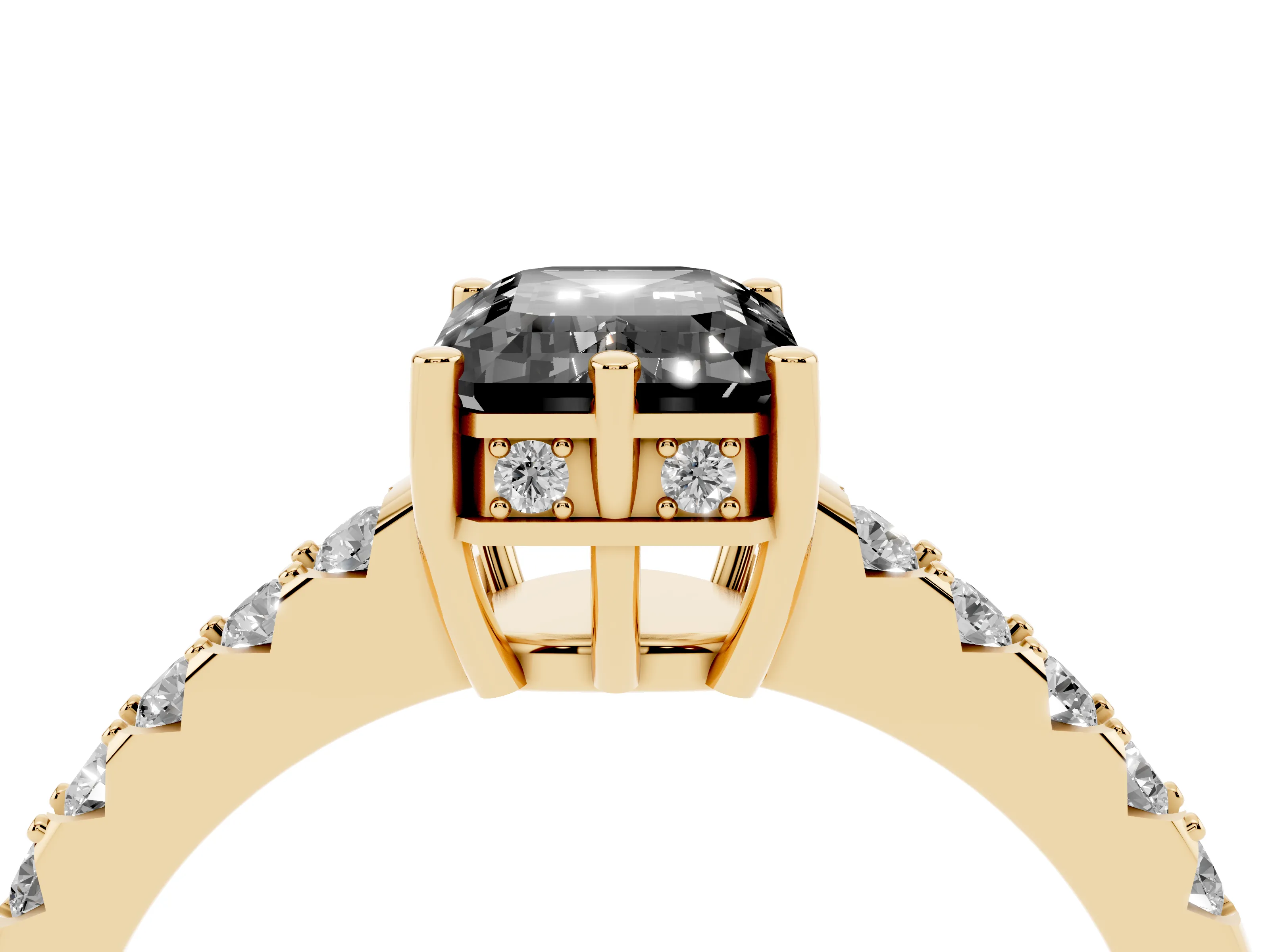 Fancy Black Emerald Cut Diamond Solitaire Engagement Ring Set in Yellow gold with Pavé Band and Prong Setting