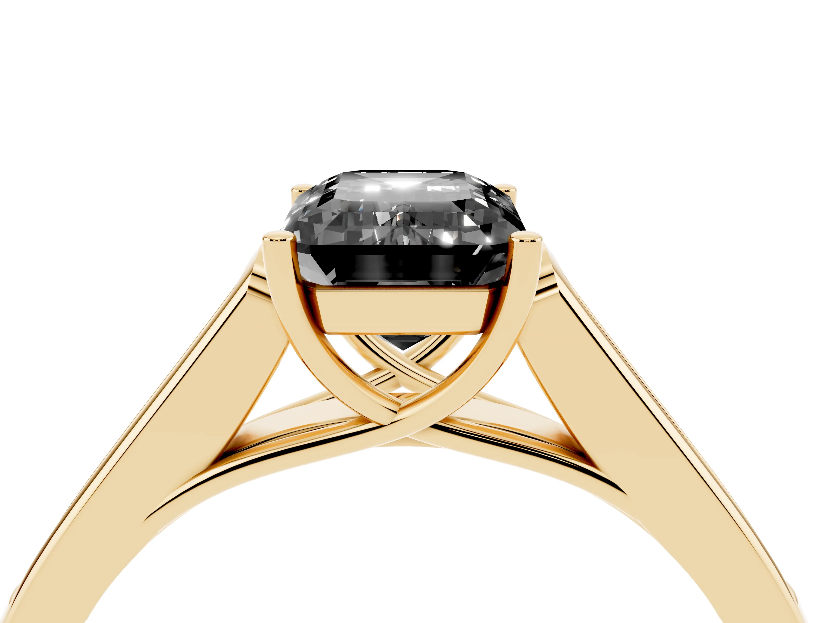 Fancy Black Emerald Cut Diamond Solitaire Cathedral Engagement Ring Set in Yellow gold with Channel-Set Band and Prong Setting