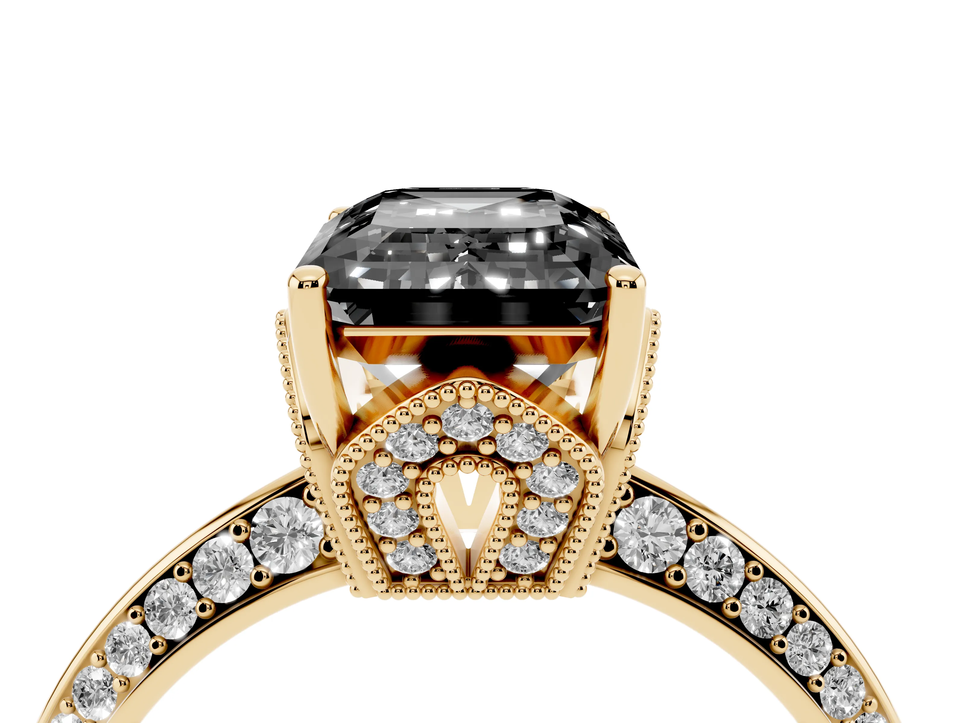 Fancy Black Emerald Cut Diamond Solitaire Engagement Ring Set in Yellow gold with Pavé Split Shank and Prong Setting