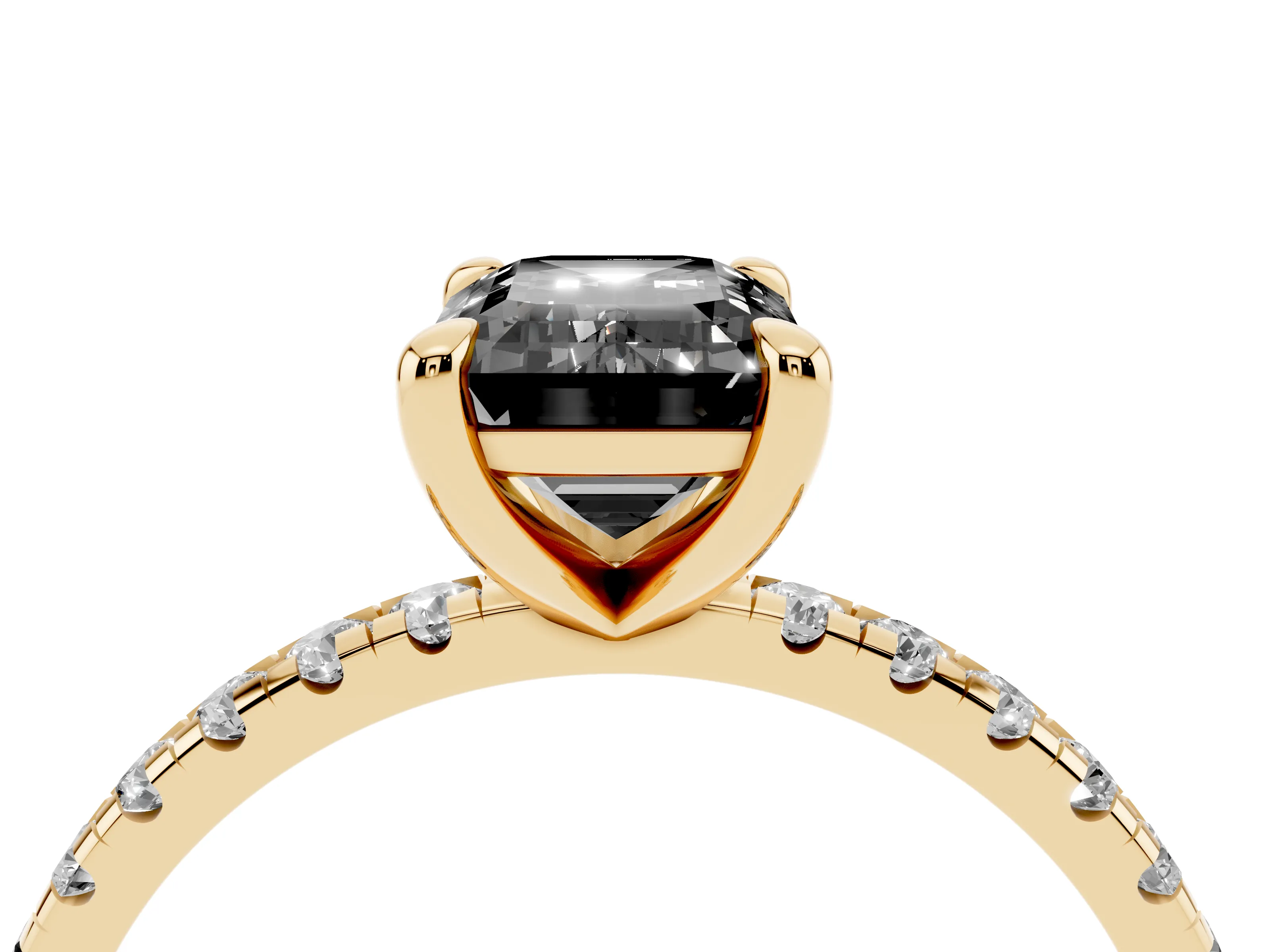 Fancy Black Emerald Cut Diamond Brilliant Solitaire Ring Set in Yellow gold with Pavé Band and Prong Setting