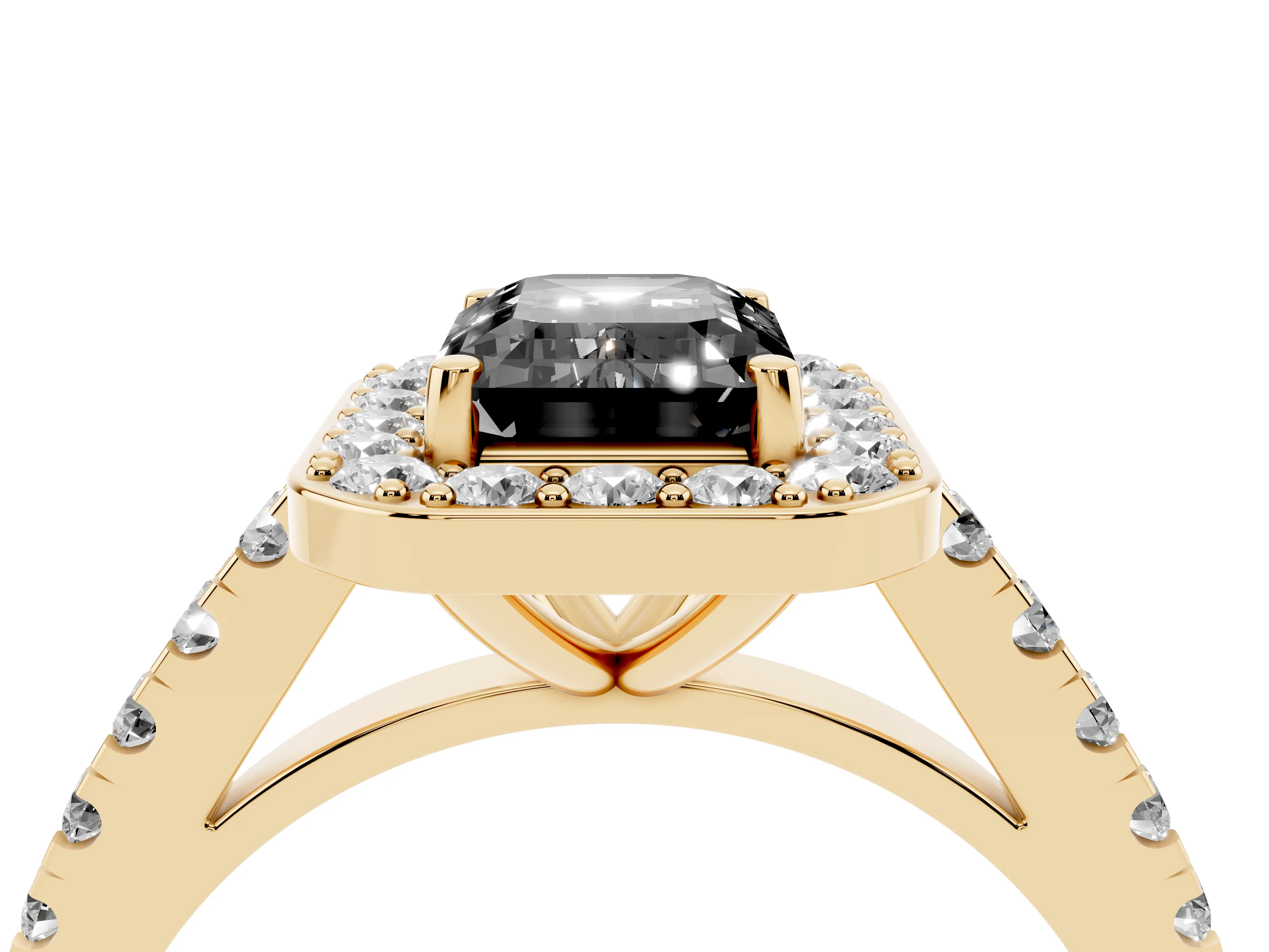 Fancy Black Emerald Cut Diamond Halo Ring Set in Yellow gold with Round Pavé Split Shank and Prong Setting