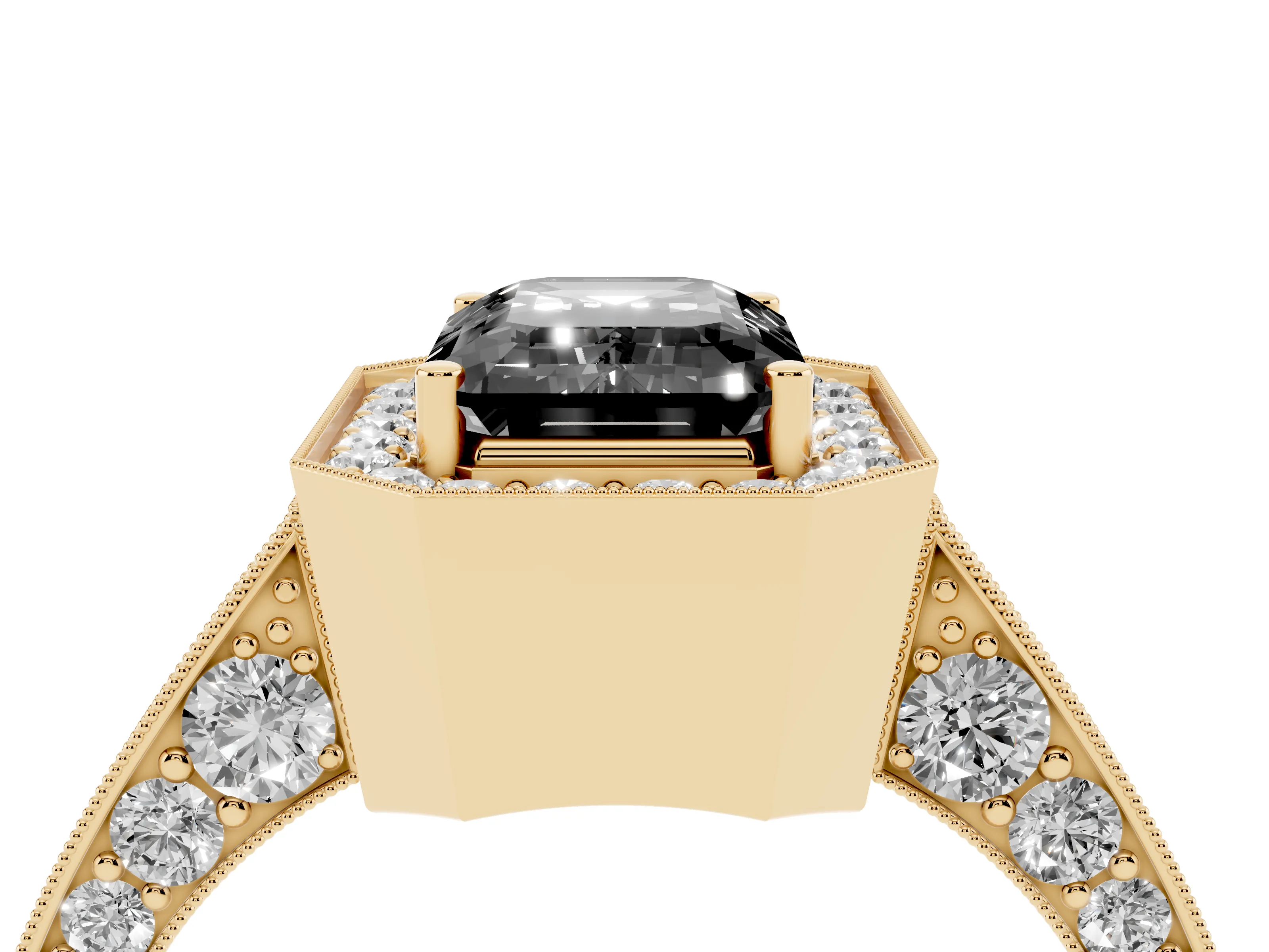 Fancy Black Emerald Cut Diamond Halo Engagement Ring Set in Yellow gold with Accent Split Shank Band