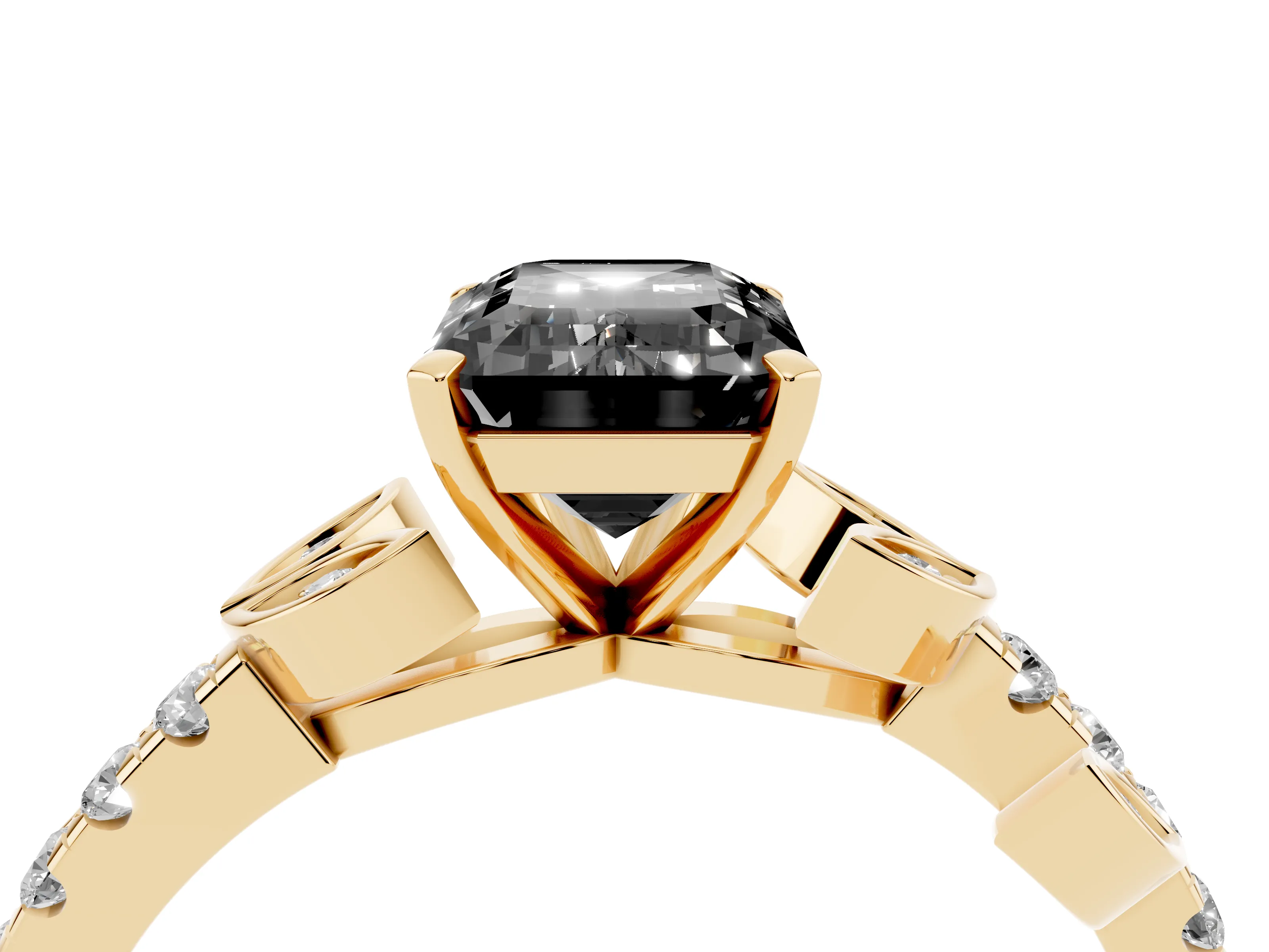Fancy Black Emerald Cut Diamond Solitaire Leaf-Inspired Ring Set in Yellow gold with Pavé Band and Prong Setting