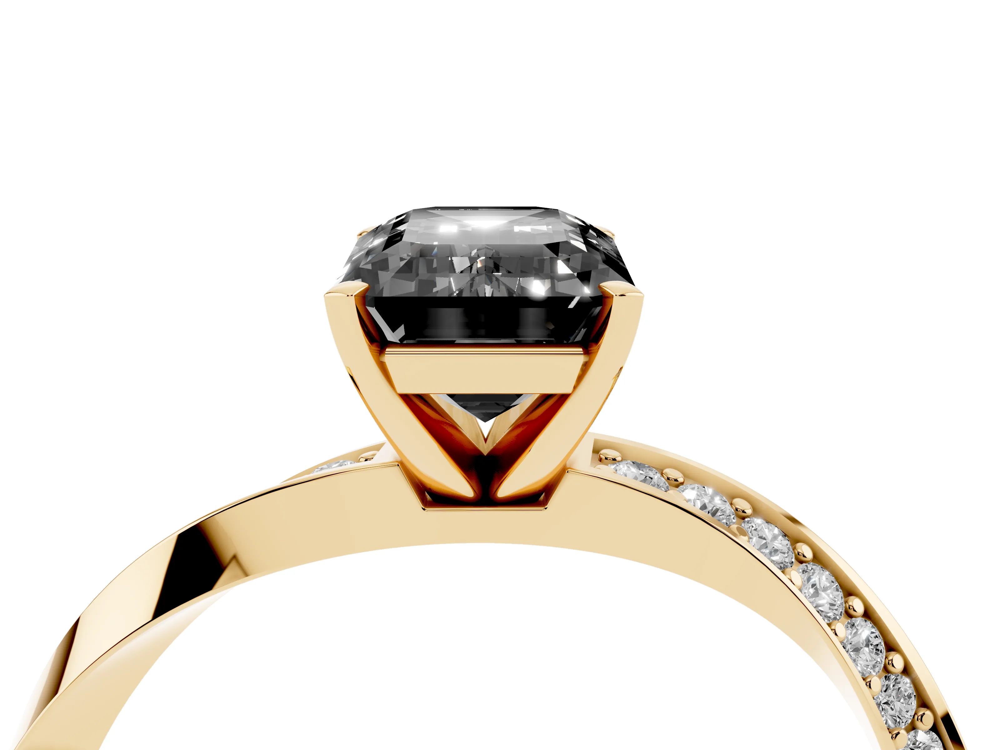Fancy Black Emerald Cut Diamond Engagement Ring Set in Yellow gold with Side Stone Accents and Prong Setting