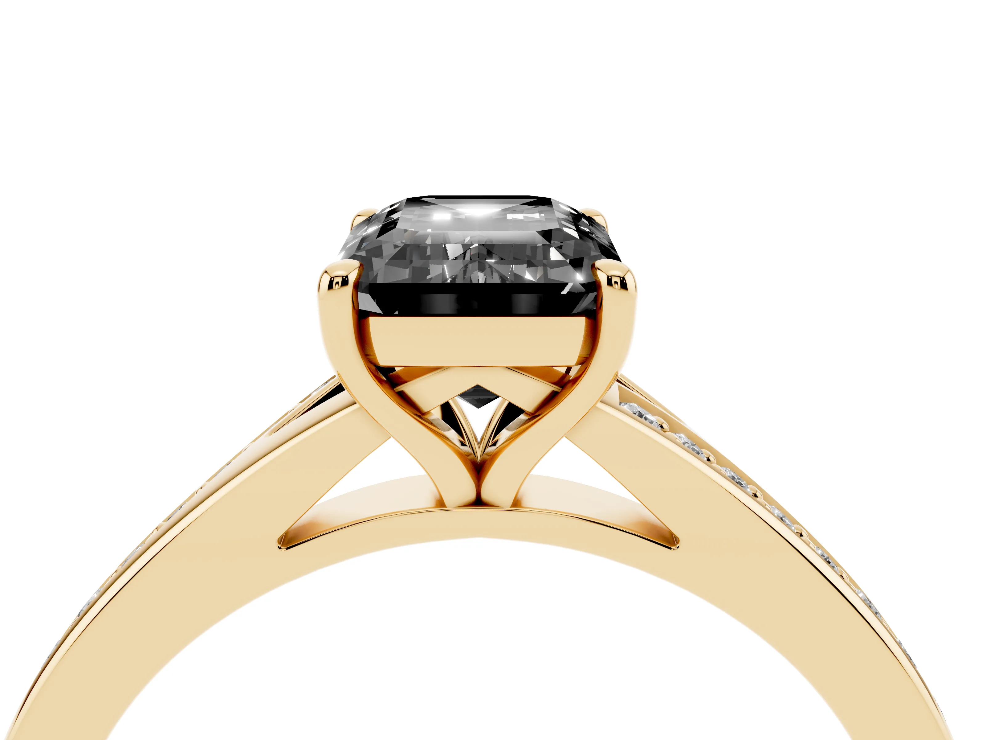 Fancy Black Emerald Cut Diamond Solitaire Ring Set in Yellow gold with Pavé Accent Band and Classic Prong Setting