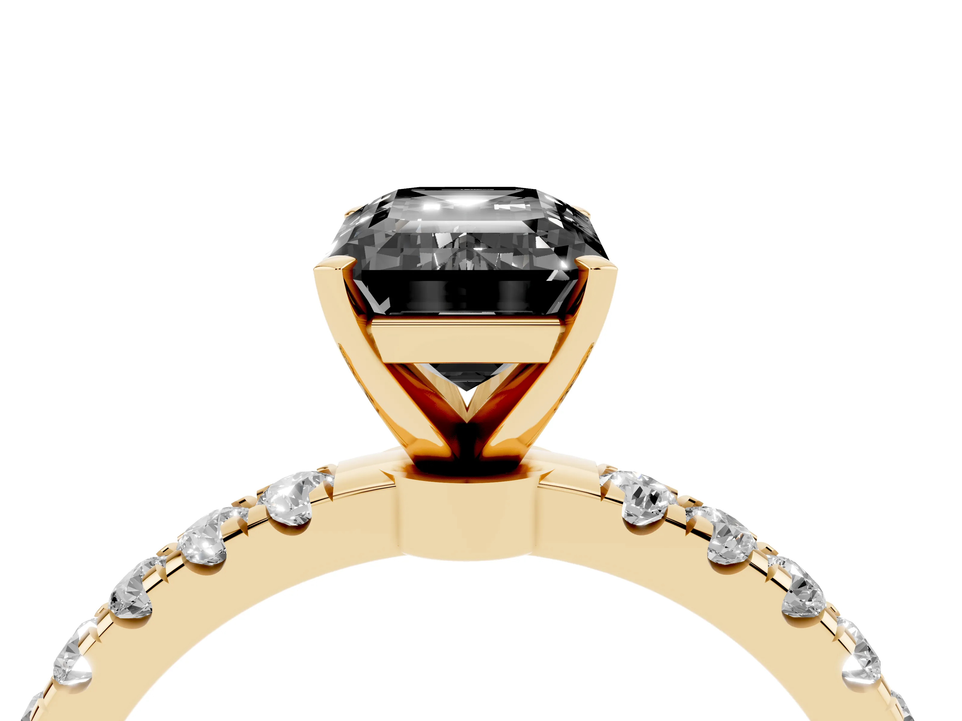 Fancy Black Emerald Cut Diamond Solitaire Ring Set in Yellow gold with Pavé Accents and Prong Setting