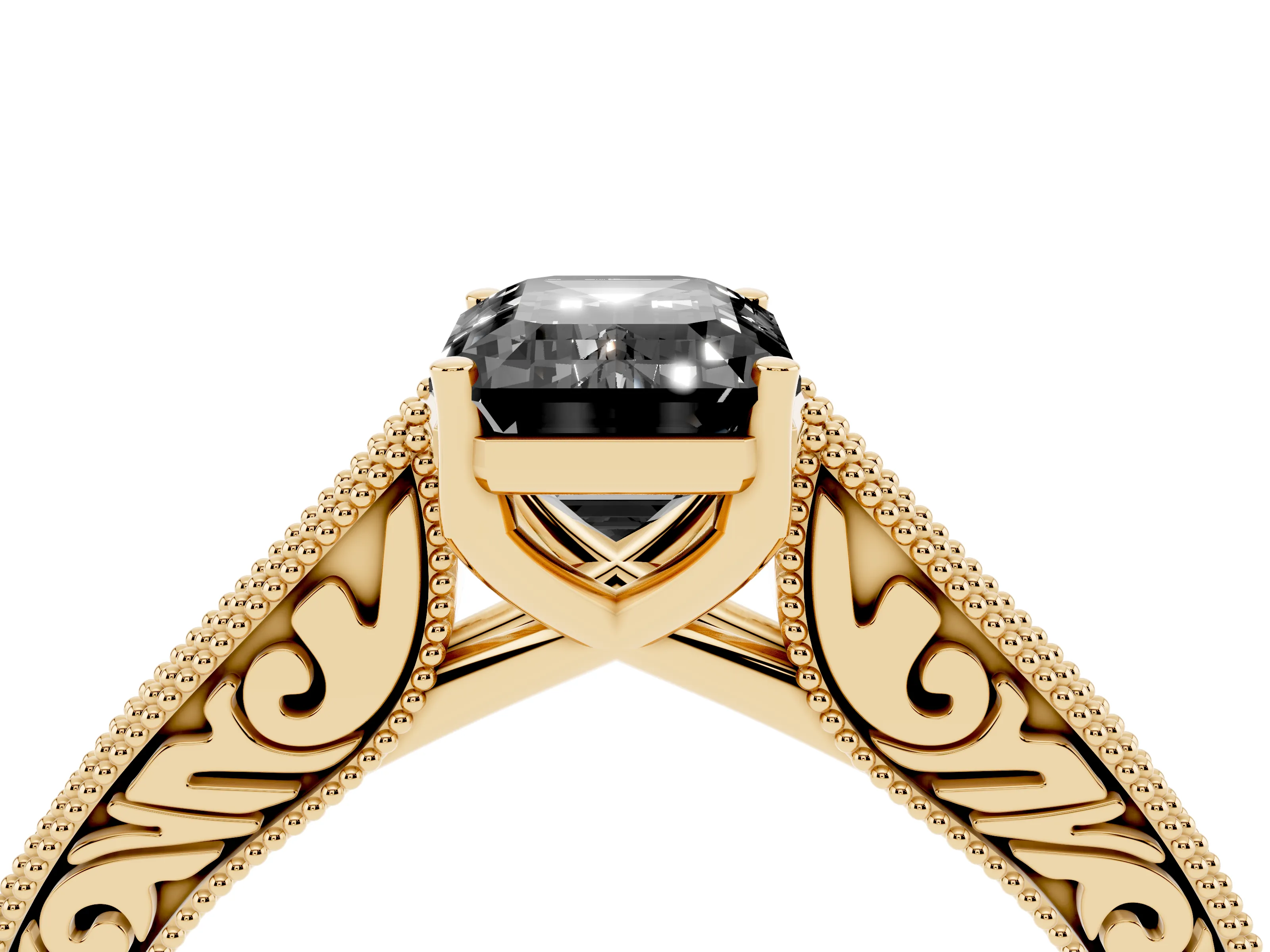 Fancy Black Emerald Cut Diamond Milgrain Pavé Band Solitaire Ring Set in Yellow gold with Prong Setting