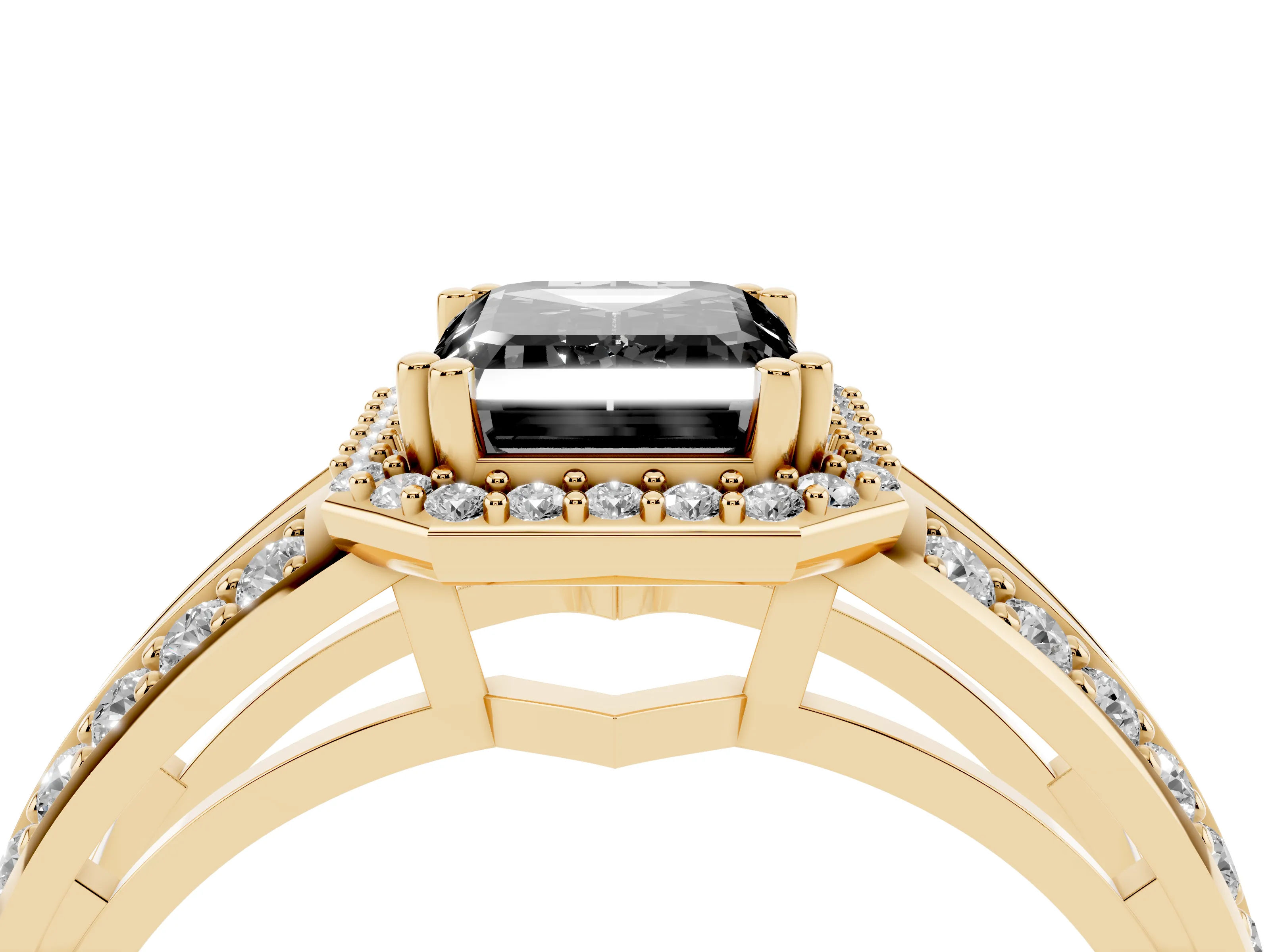 Fancy Black Emerald Cut Diamond Halo Ring Set in Yellow gold with Double Pavé Split Shank