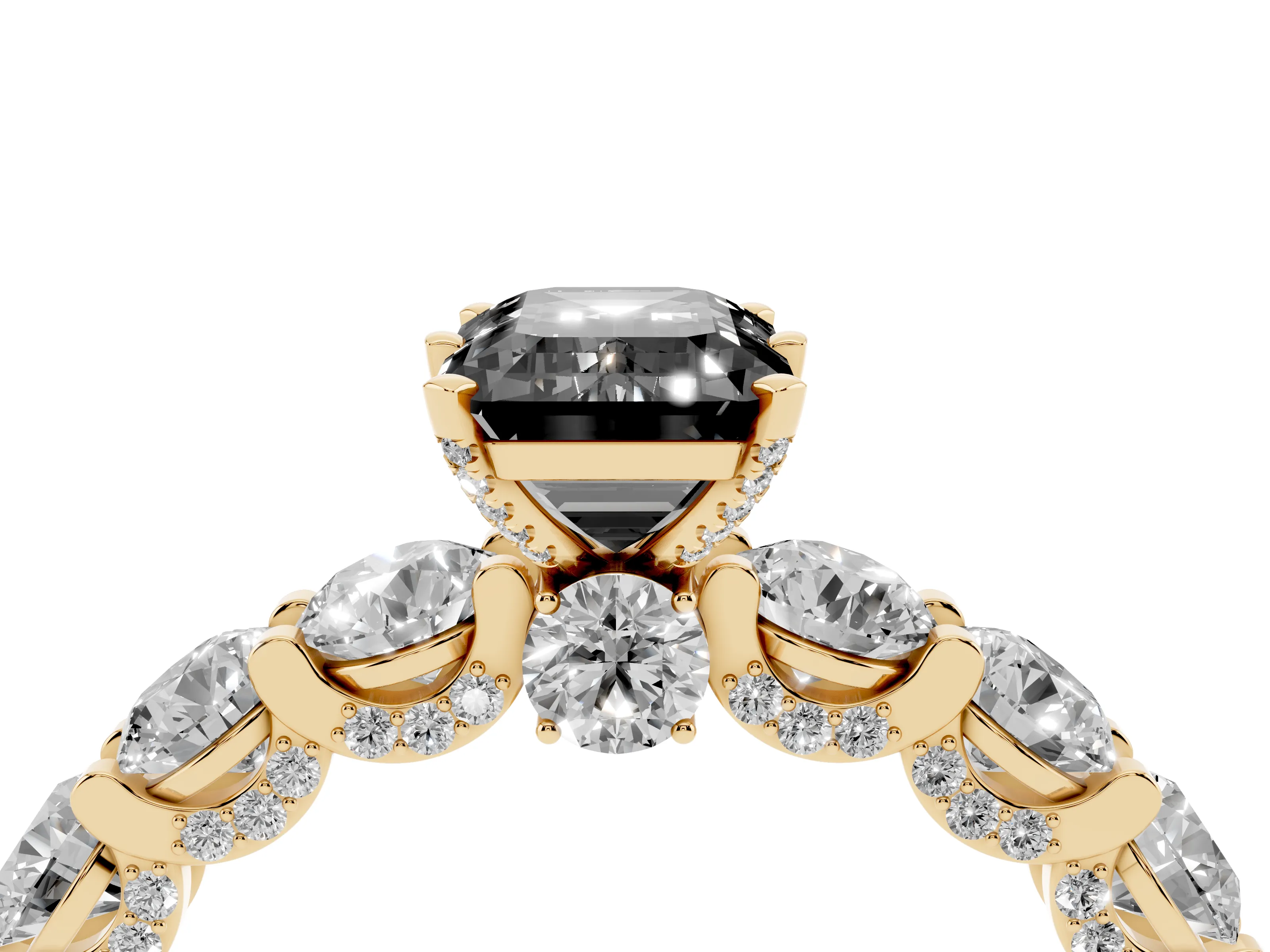 Fancy Black Emerald Cut Diamond Side Stone Ring Set in Yellow gold with Alternating Round and Oval Side Stones