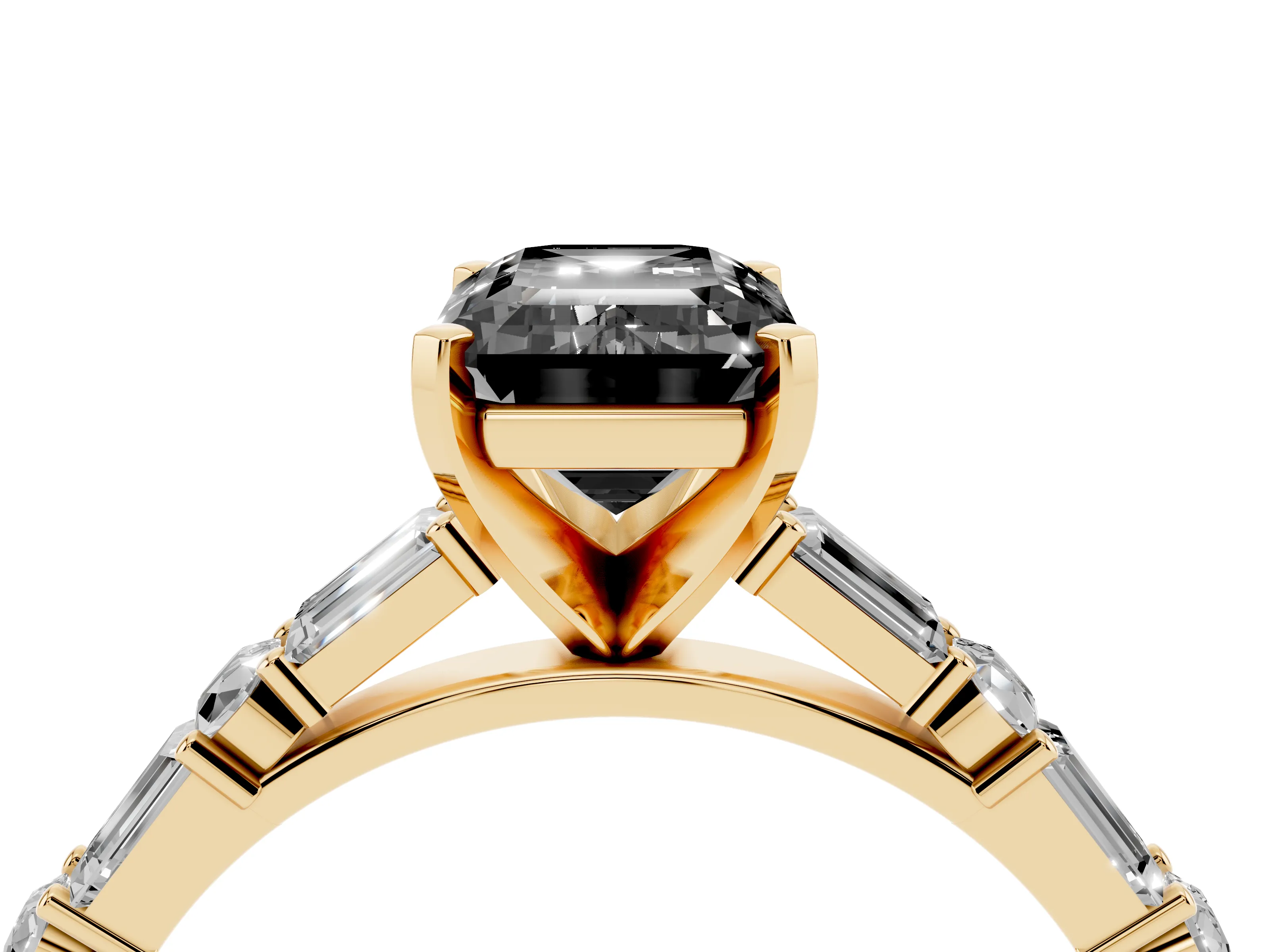 Fancy Black Emerald Cut Diamond Solitaire Set in Yellow gold with Side Baguettes and Channel Set Band