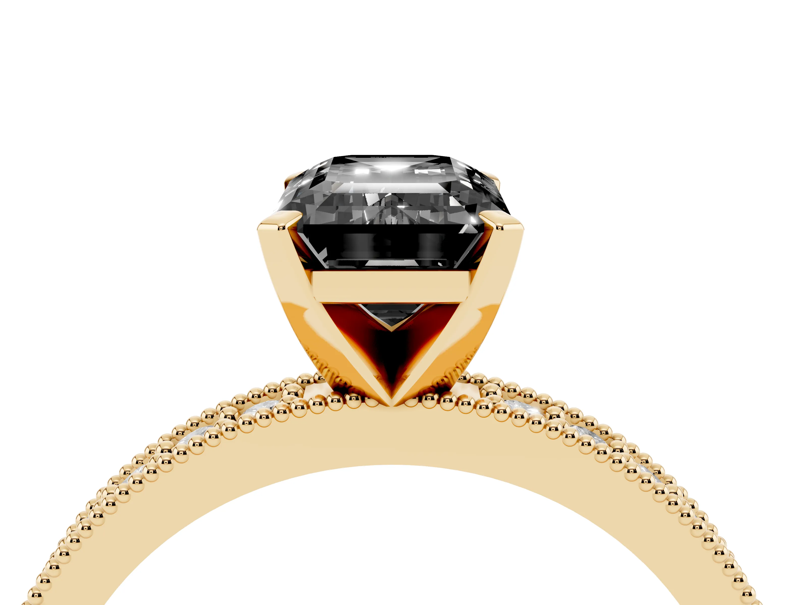 Fancy Black Emerald Cut Diamond Milgrain Pavé Engagement Ring Set in Yellow gold with Prong Setting
