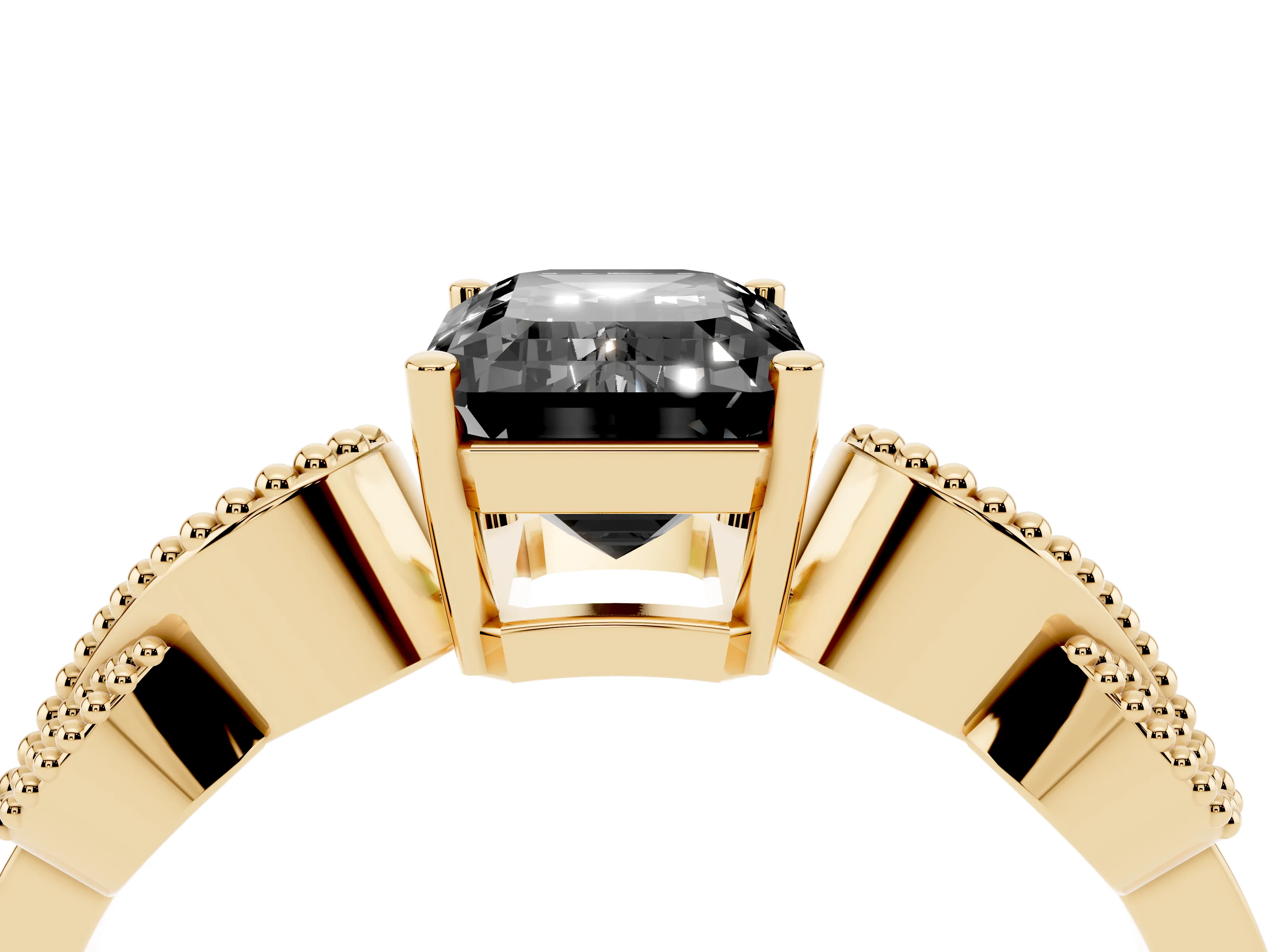 Fancy Black Emerald Cut Diamond Milgrain Leaf Band Solitaire Ring Set in Yellow gold with Accent Stones and Prong Setting