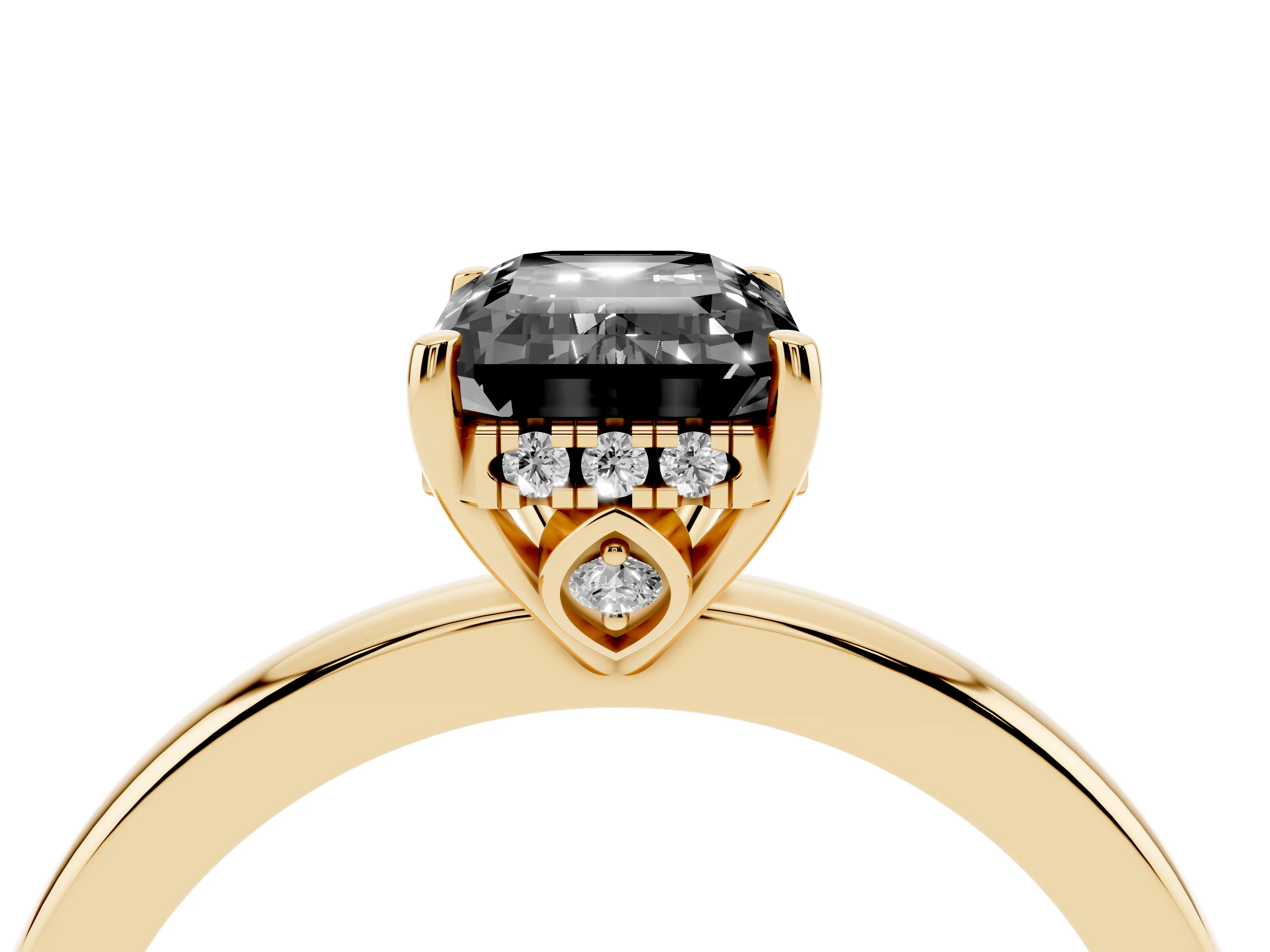 Fancy Black Emerald Cut Diamond Solitaire Ring Set in Yellow gold with Plain Band and Prong Setting