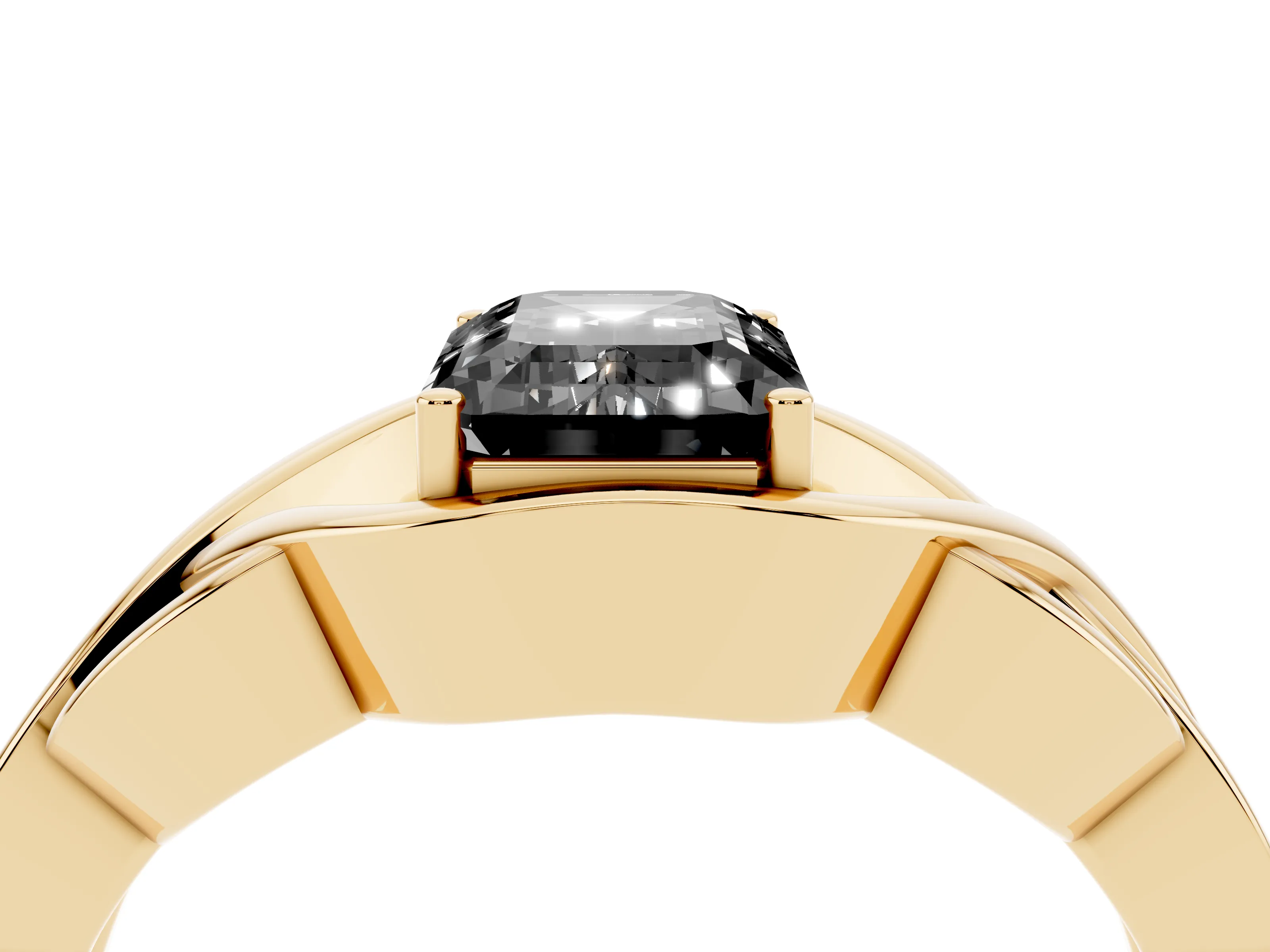Fancy Black Emerald Cut Diamond Solitaire Ring Set in Yellow gold with Intertwined Band