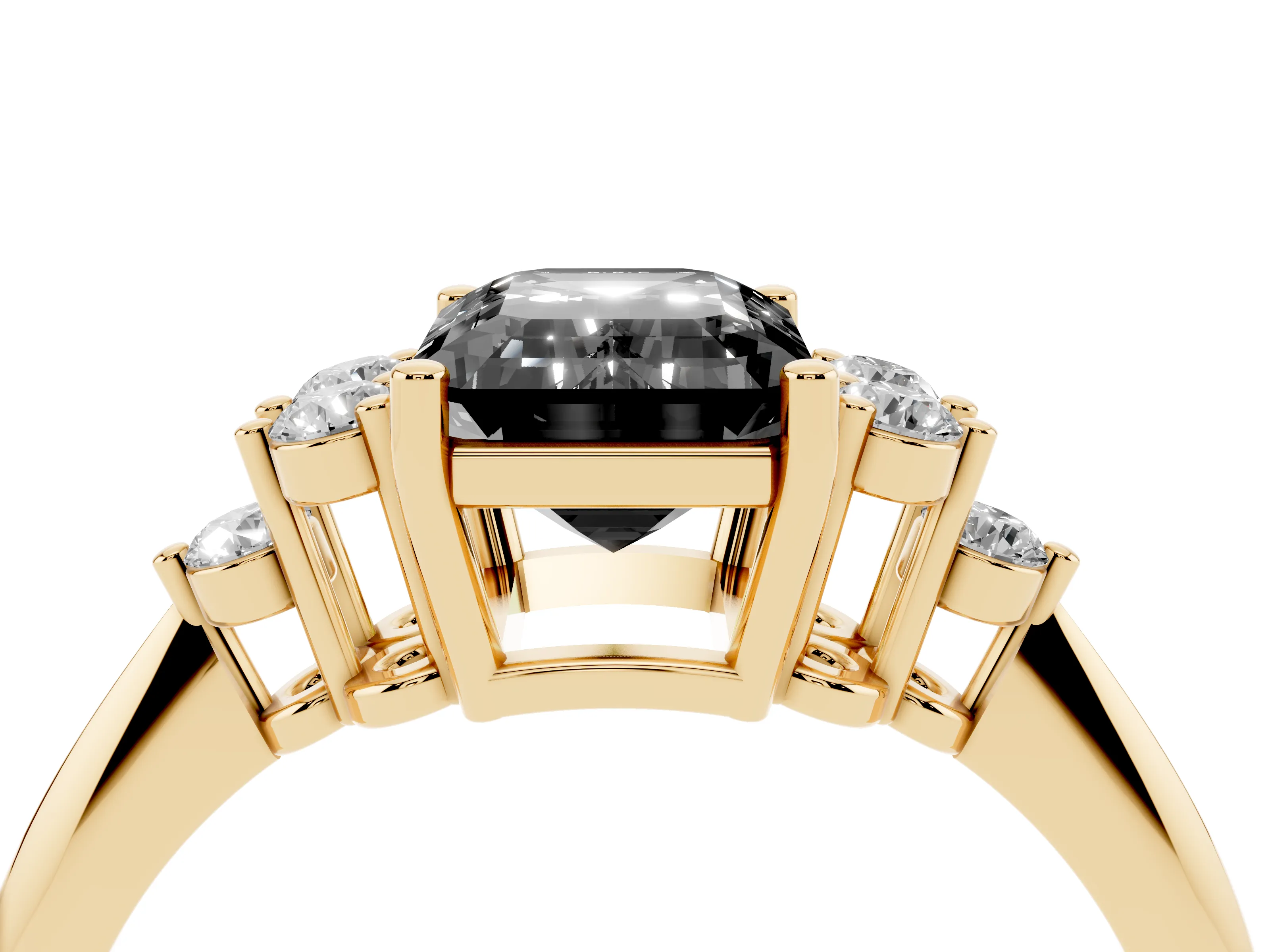 Fancy Black Emerald Cut Diamond Cluster Ring Set in Yellow gold with Plain Band and Prong Setting