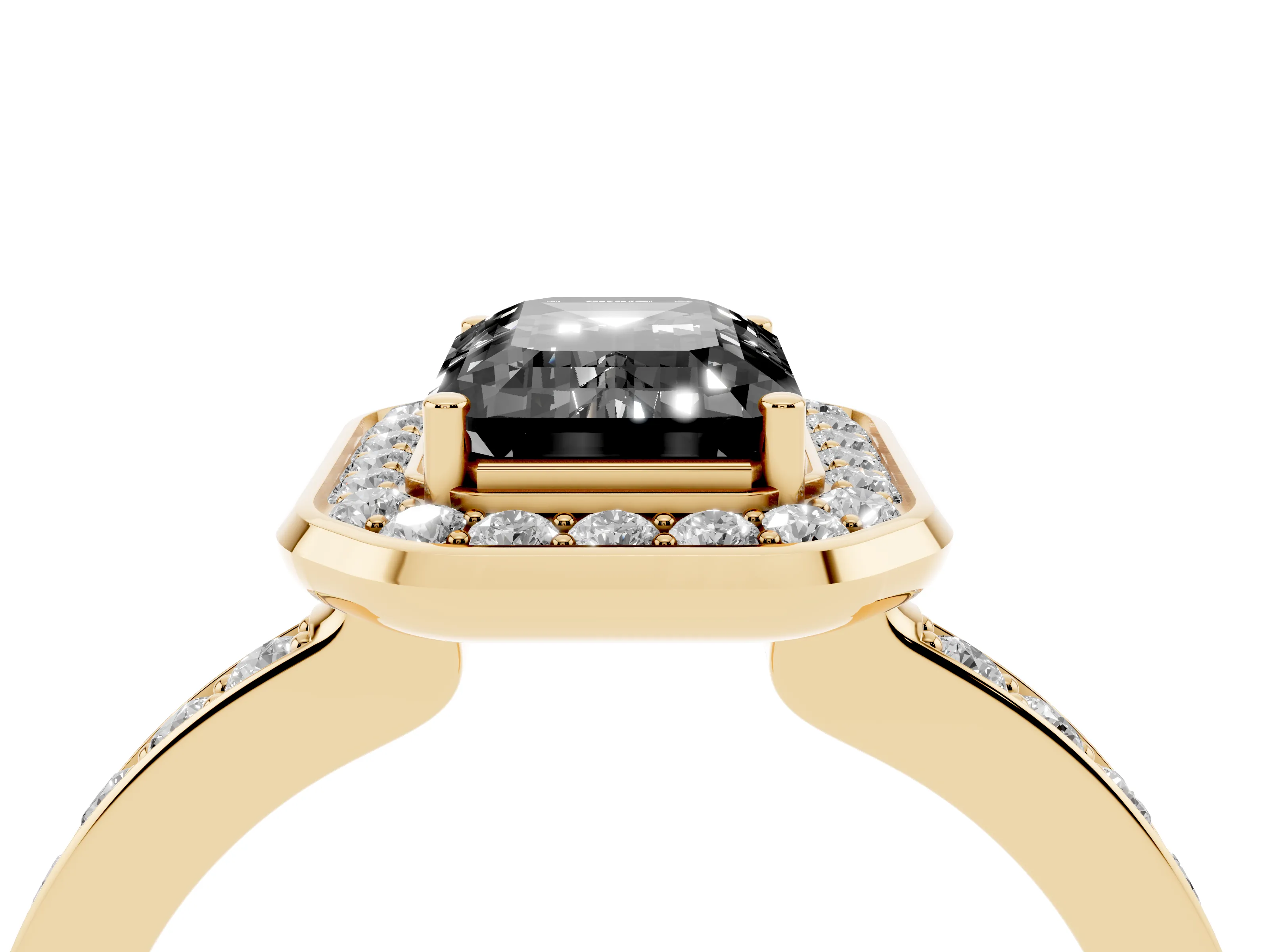 Fancy Black Emerald Cut Diamond Halo Ring Set in Yellow gold with Bezel Frame and Pavé Band