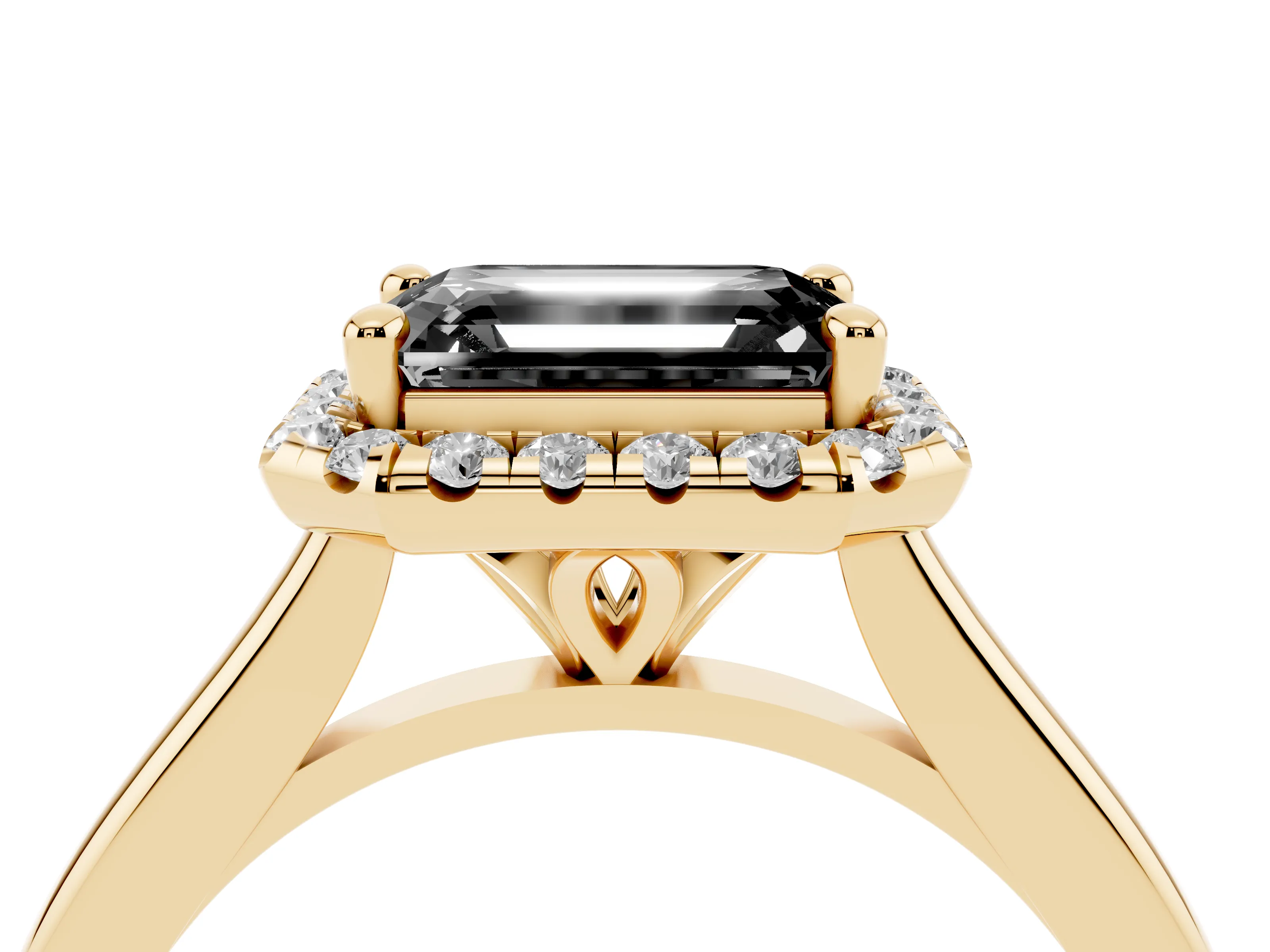 Fancy Black Emerald Cut Diamond Halo Engagement Ring Set in Yellow gold with Pavé Band and Rising Shoulders