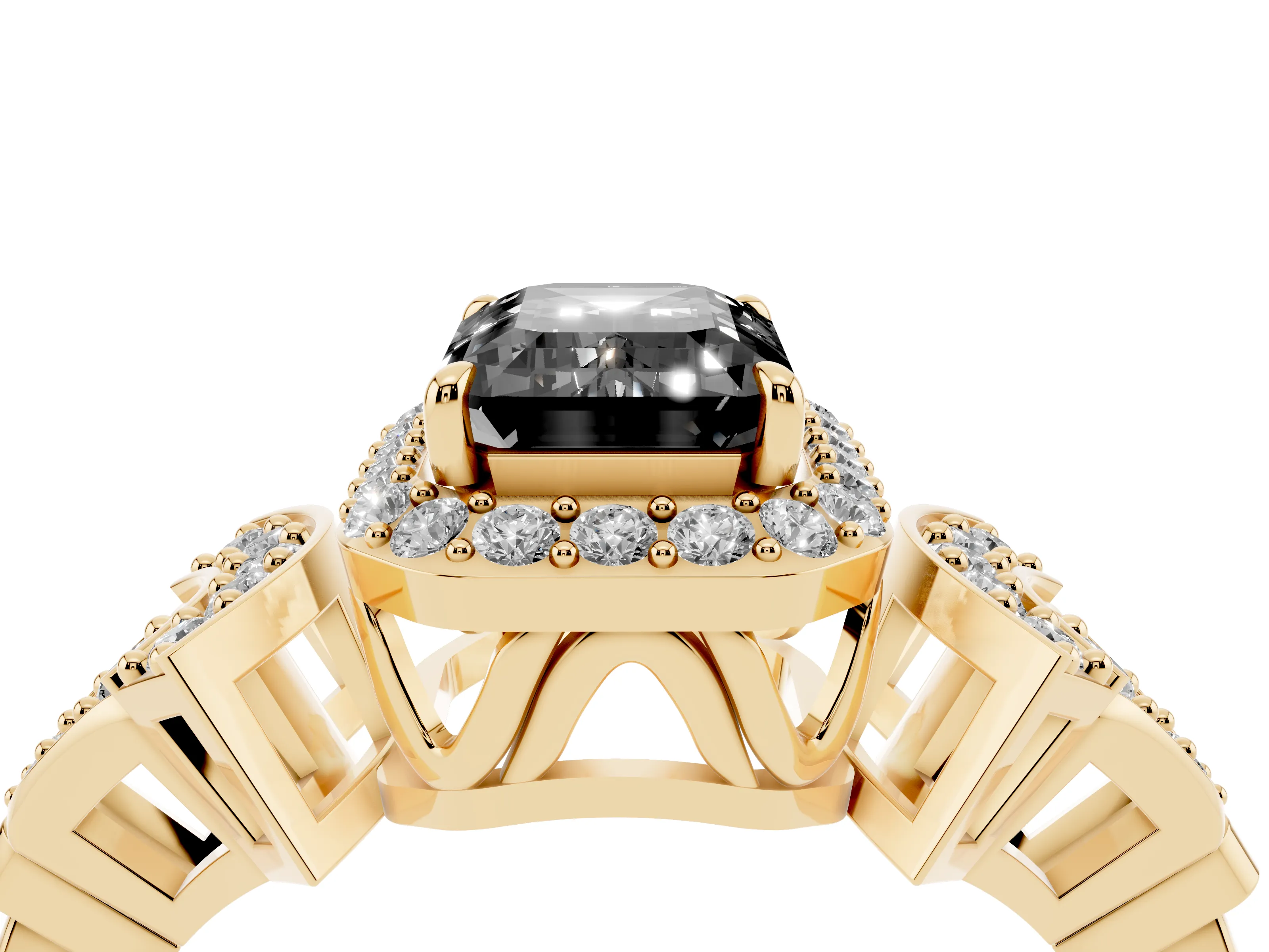 Fancy Black Emerald Cut Diamond Halo Engagement Ring Set in Yellow gold with Accent Stone Split Shank