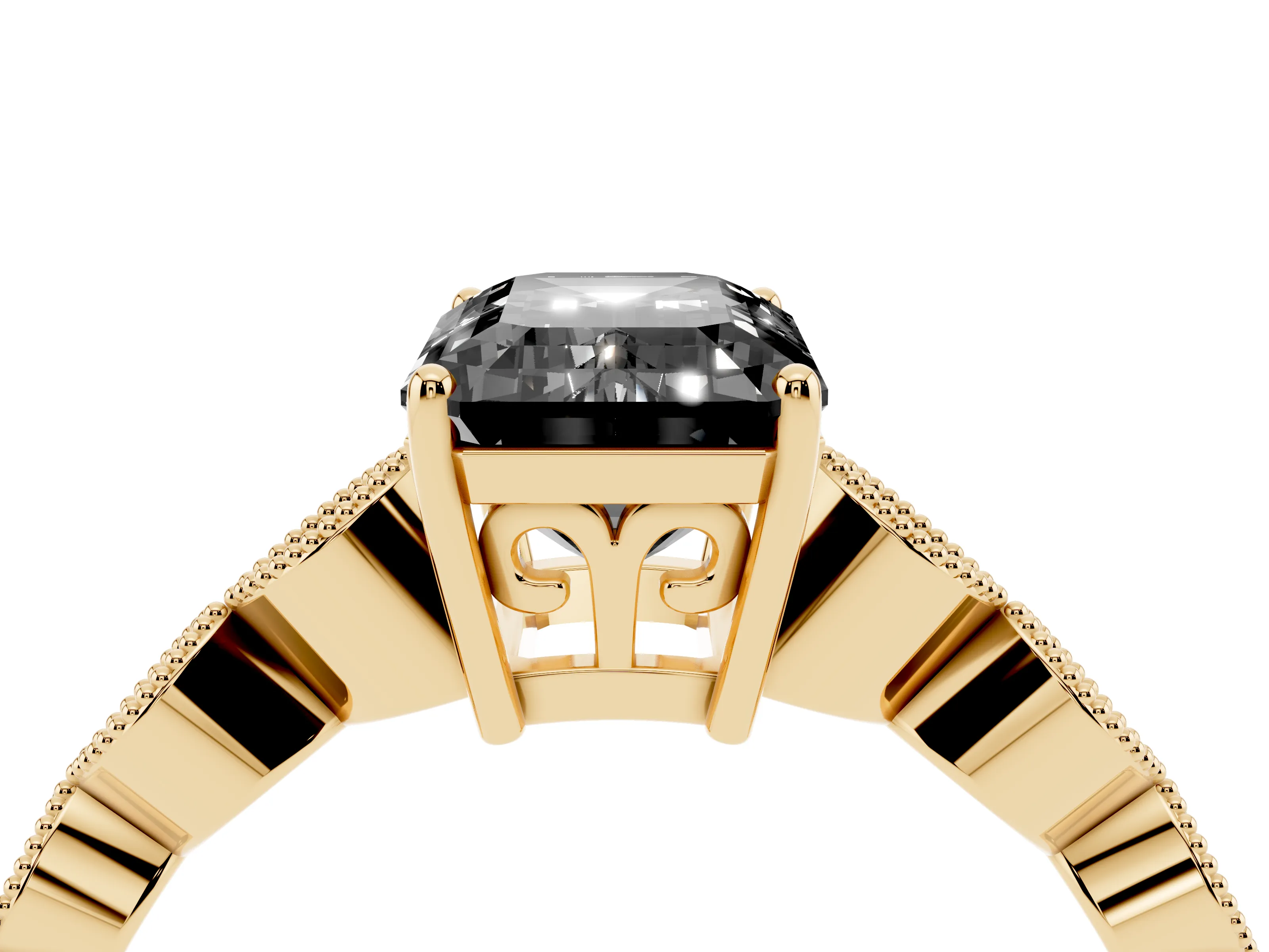 Fancy Black Emerald Cut Diamond Solitaire Ring Set in Yellow gold with Infinity Twist Pavé Band
