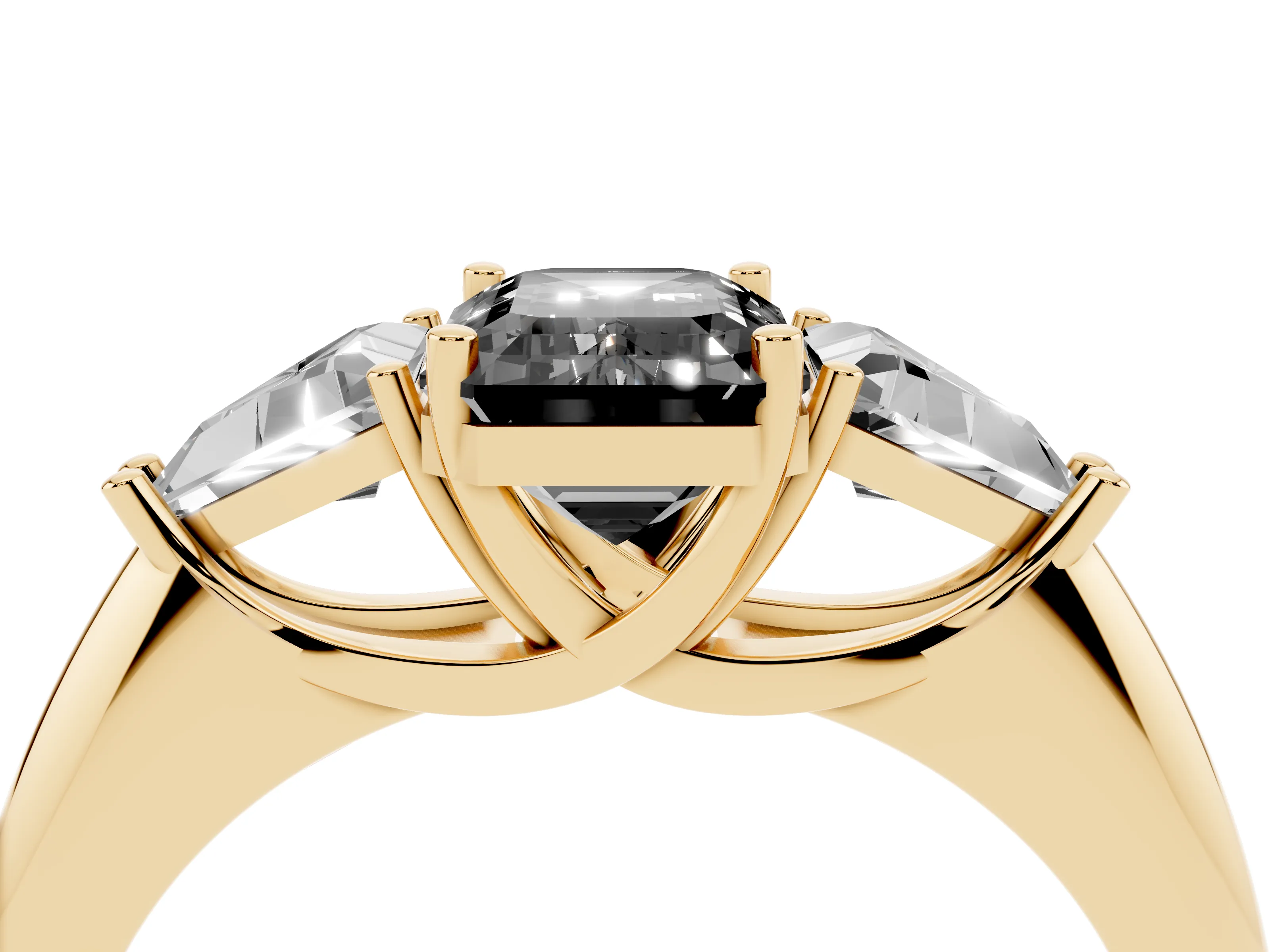 Fancy Black Emerald Cut Diamond Three-Stone Engagement Ring Set in Yellow gold with Trillion Side Stones