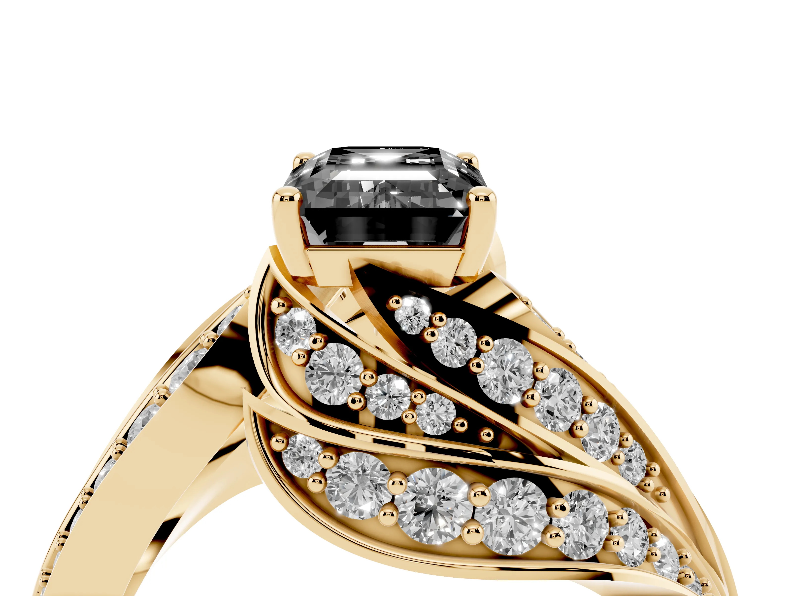 Fancy Black Emerald Cut Diamond Solitaire Ring Set in Yellow gold with Layered Twist Pavé Band