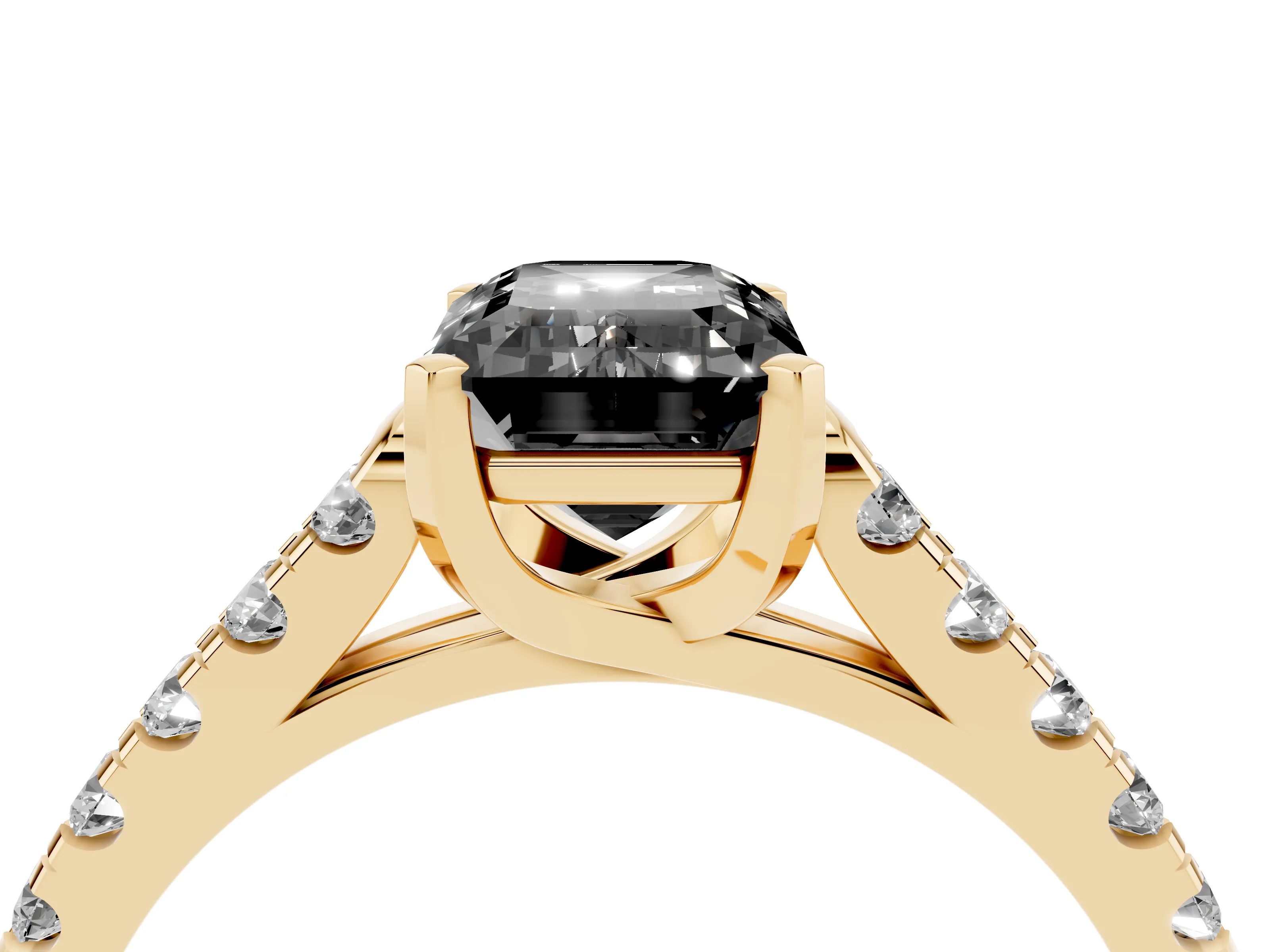 Fancy Black Emerald Cut Diamond Pavé Band Solitaire Ring Set in Yellow gold with Partway Accent Stones and Prong Setting