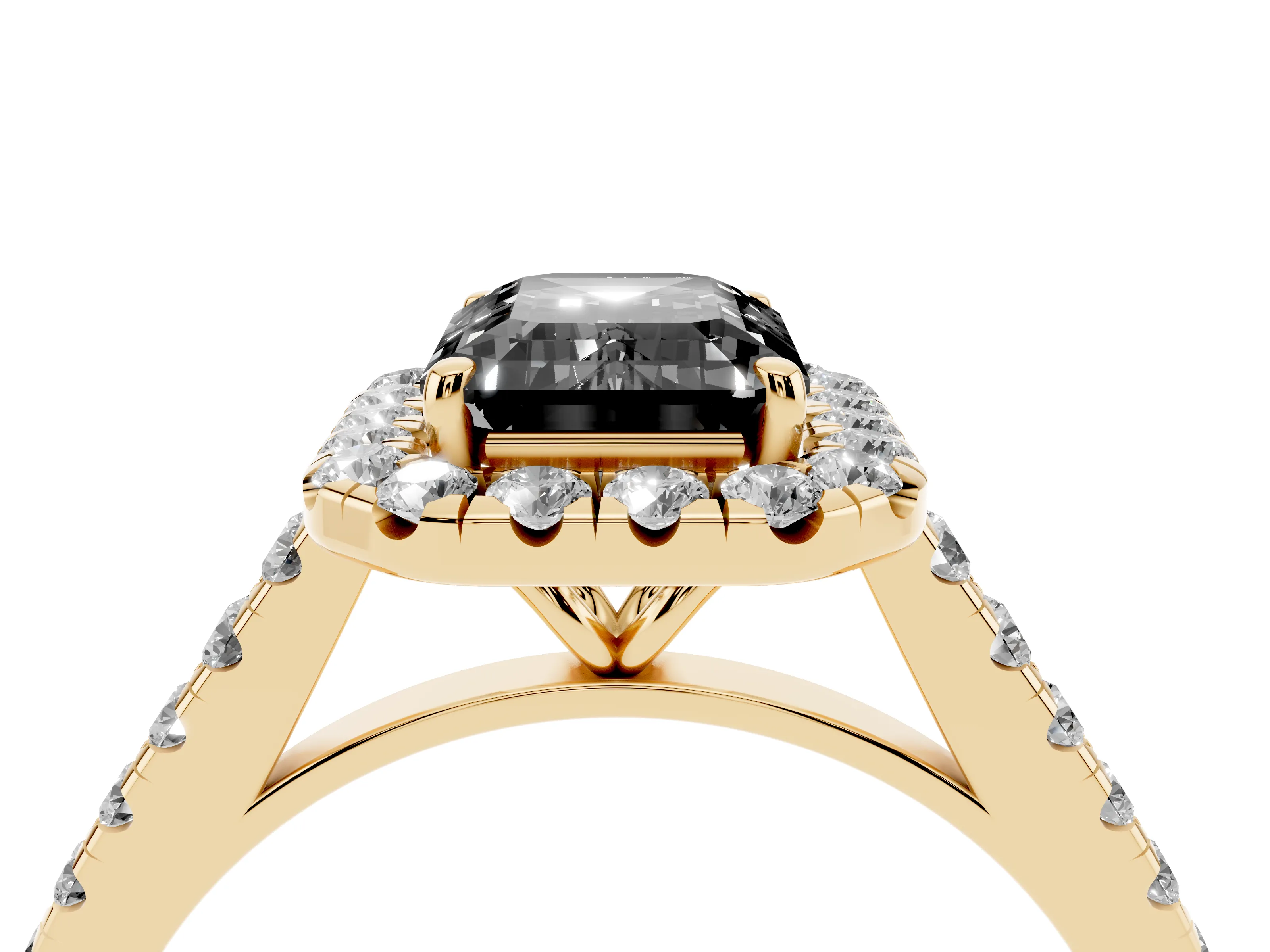 Fancy Black Emerald Cut Diamond Halo Pavé Engagement Ring Set in Yellow gold with Prong Setting