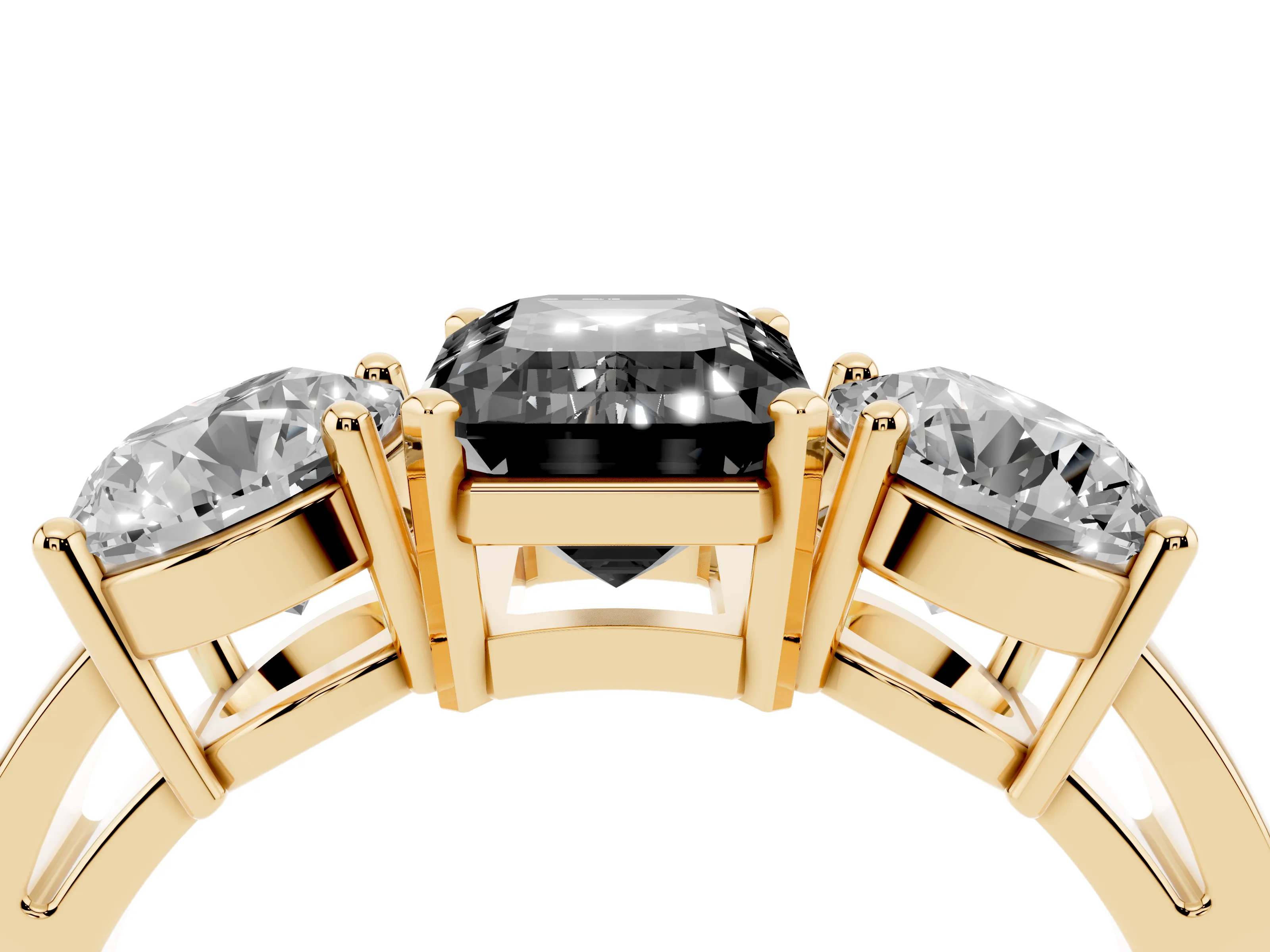 Fancy Black Emerald Cut Diamond Three-Stone Ring Set in Yellow gold with Round Side Stones and Classic Band