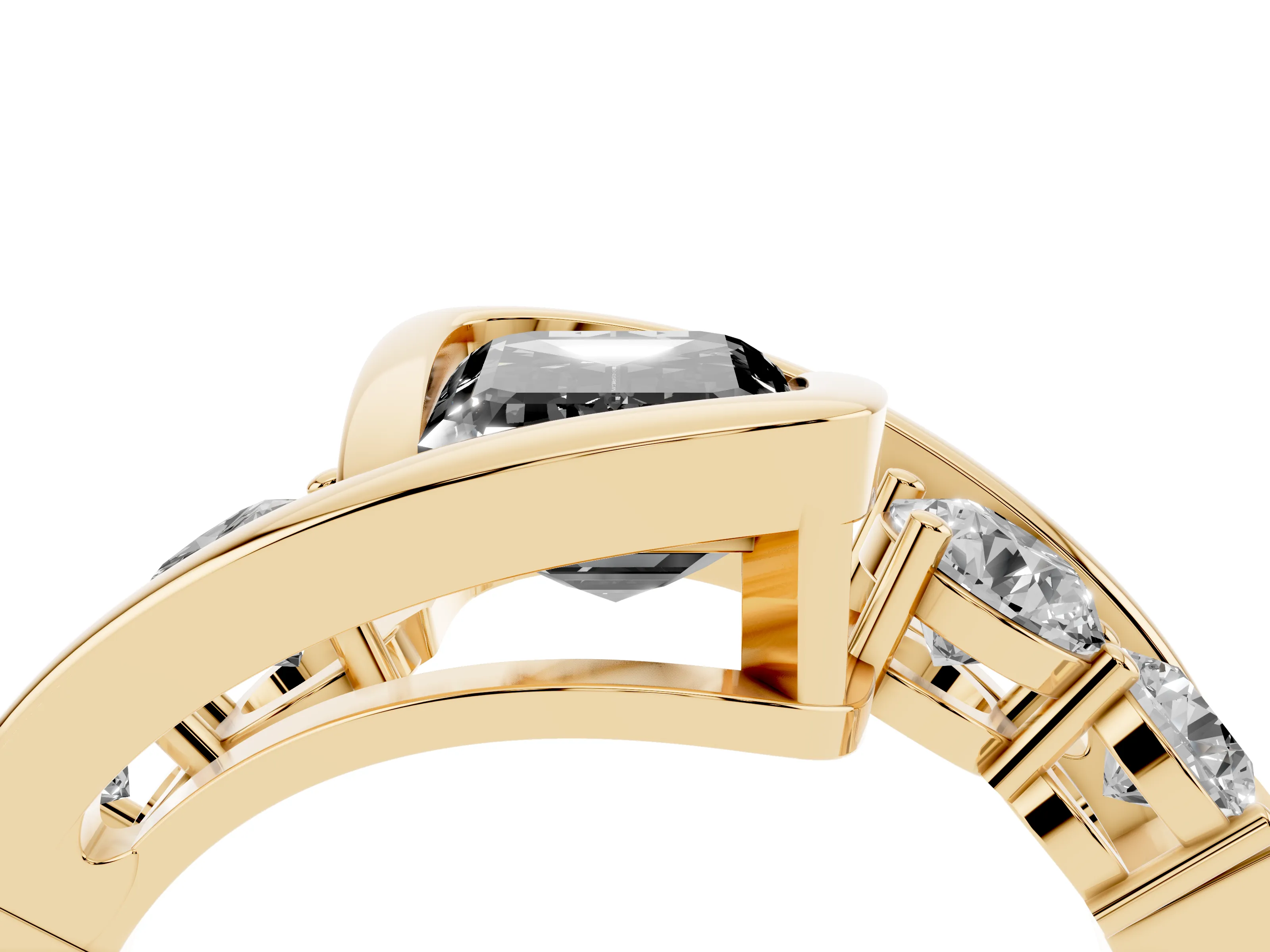 Fancy Black Emerald Cut Diamond Bezel Bypass Ring Set in Yellow gold with Round Accents