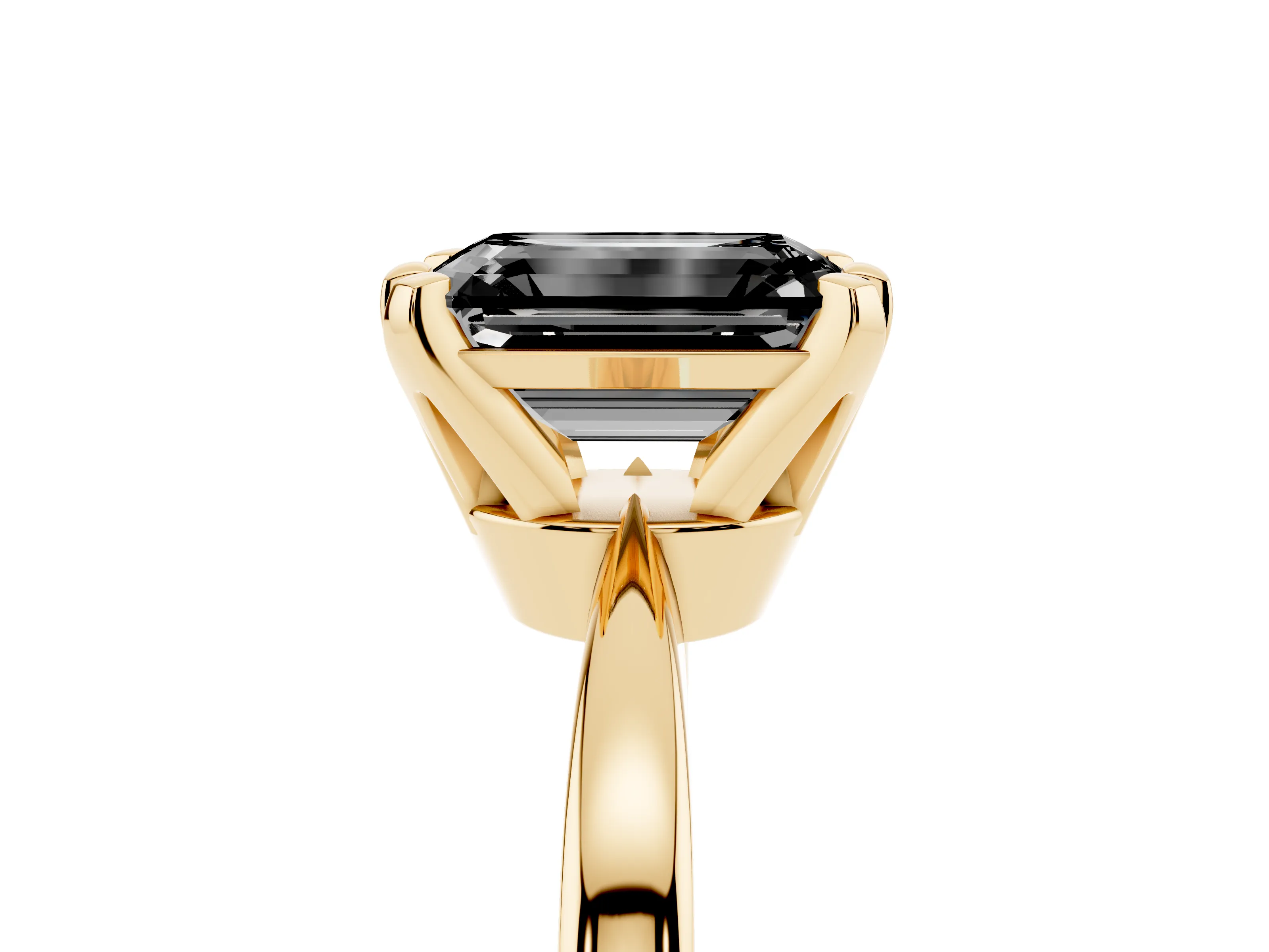 Fancy Black Emerald Cut Diamond Solitaire Engagement Ring Set in Yellow gold with Slim Tapered Solitaire Band