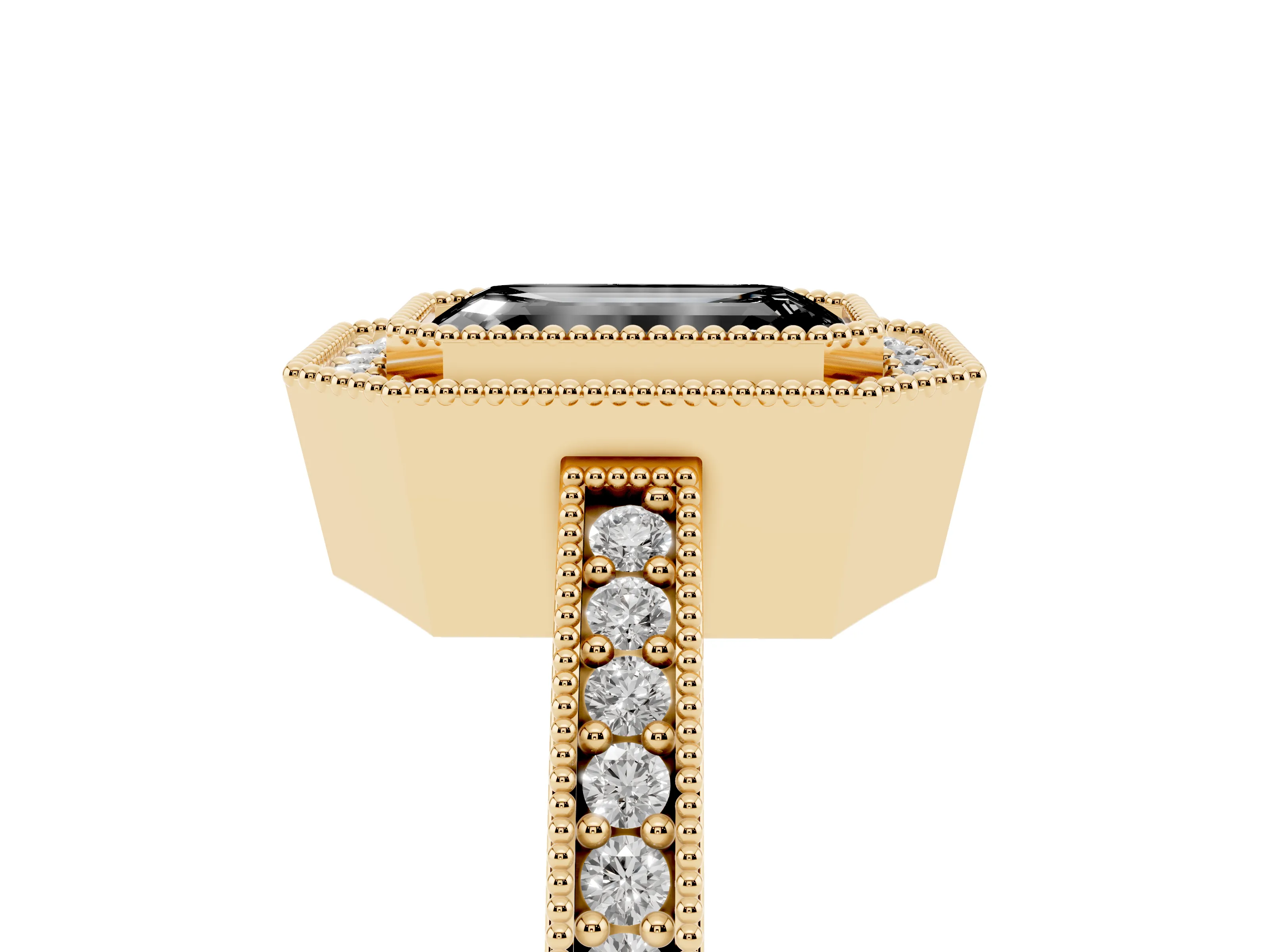 Fancy Black Emerald Cut Diamond Halo Engagement Ring Set in Yellow gold with Pavé Band and Round Halo Stones