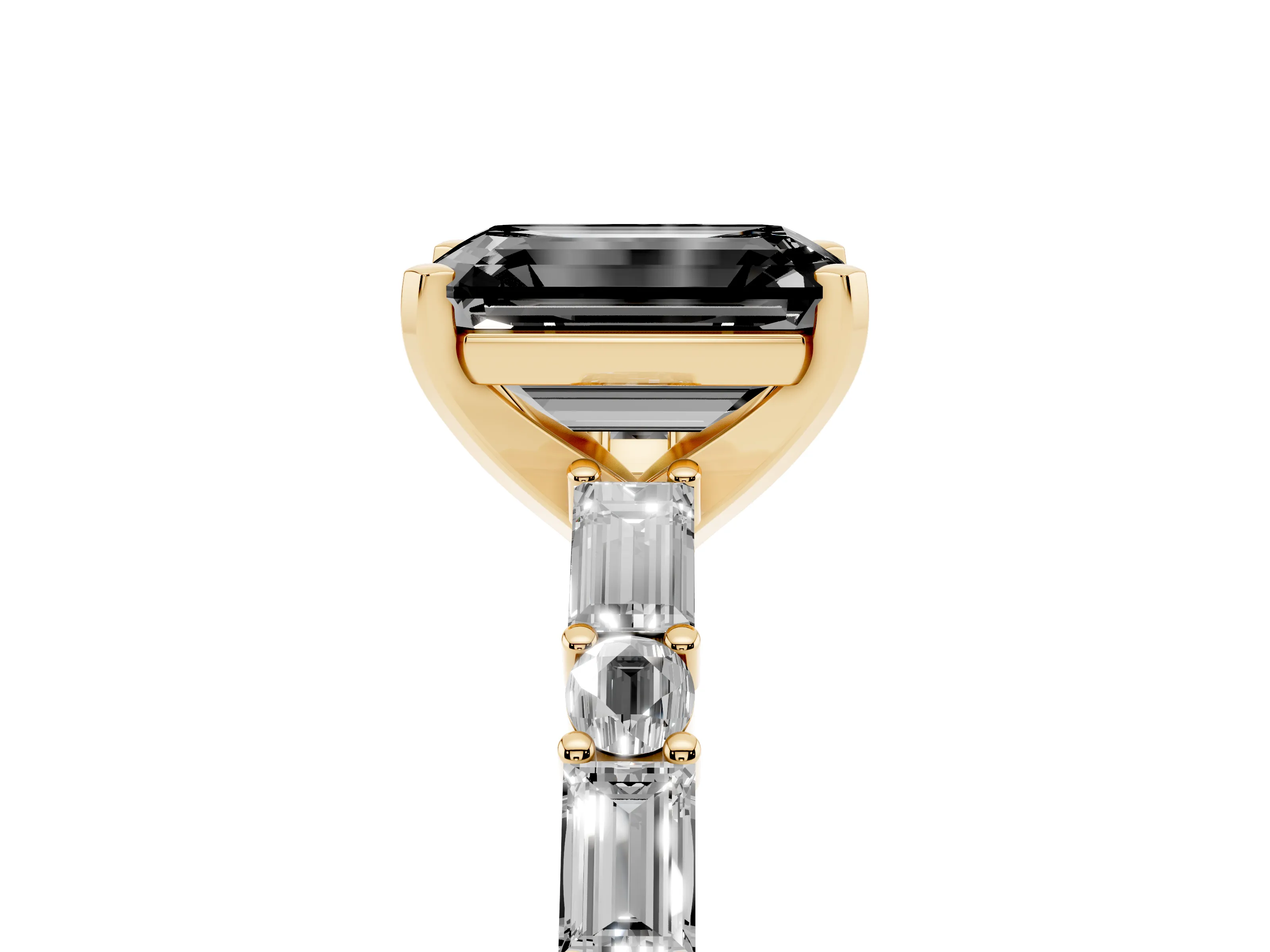 Fancy Black Emerald Cut Diamond Solitaire Set in Yellow gold with Side Baguettes and Channel Set Band