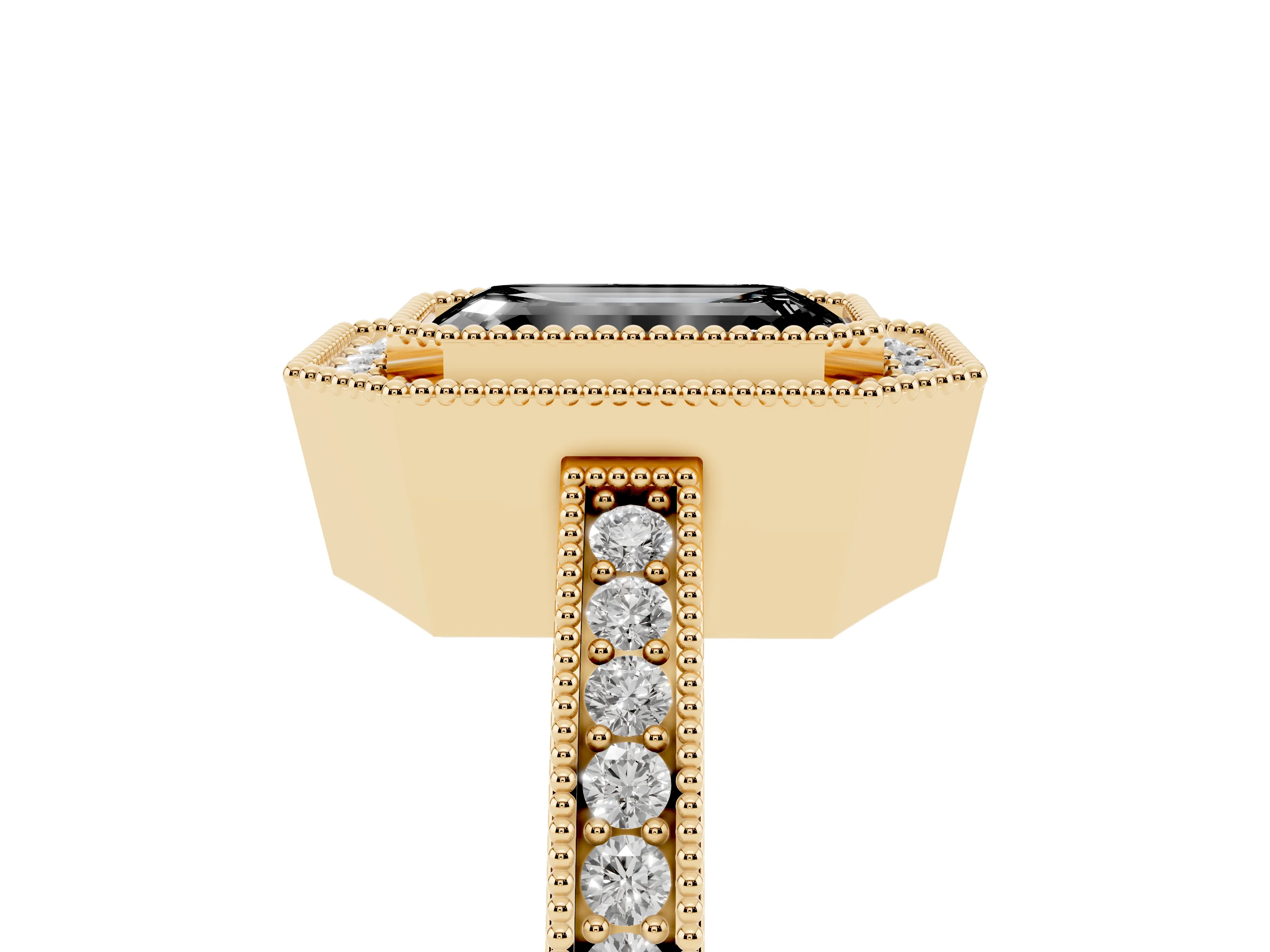Fancy Black Emerald Cut Diamond Round Halo Ring Set in Yellow gold with Pavé Band