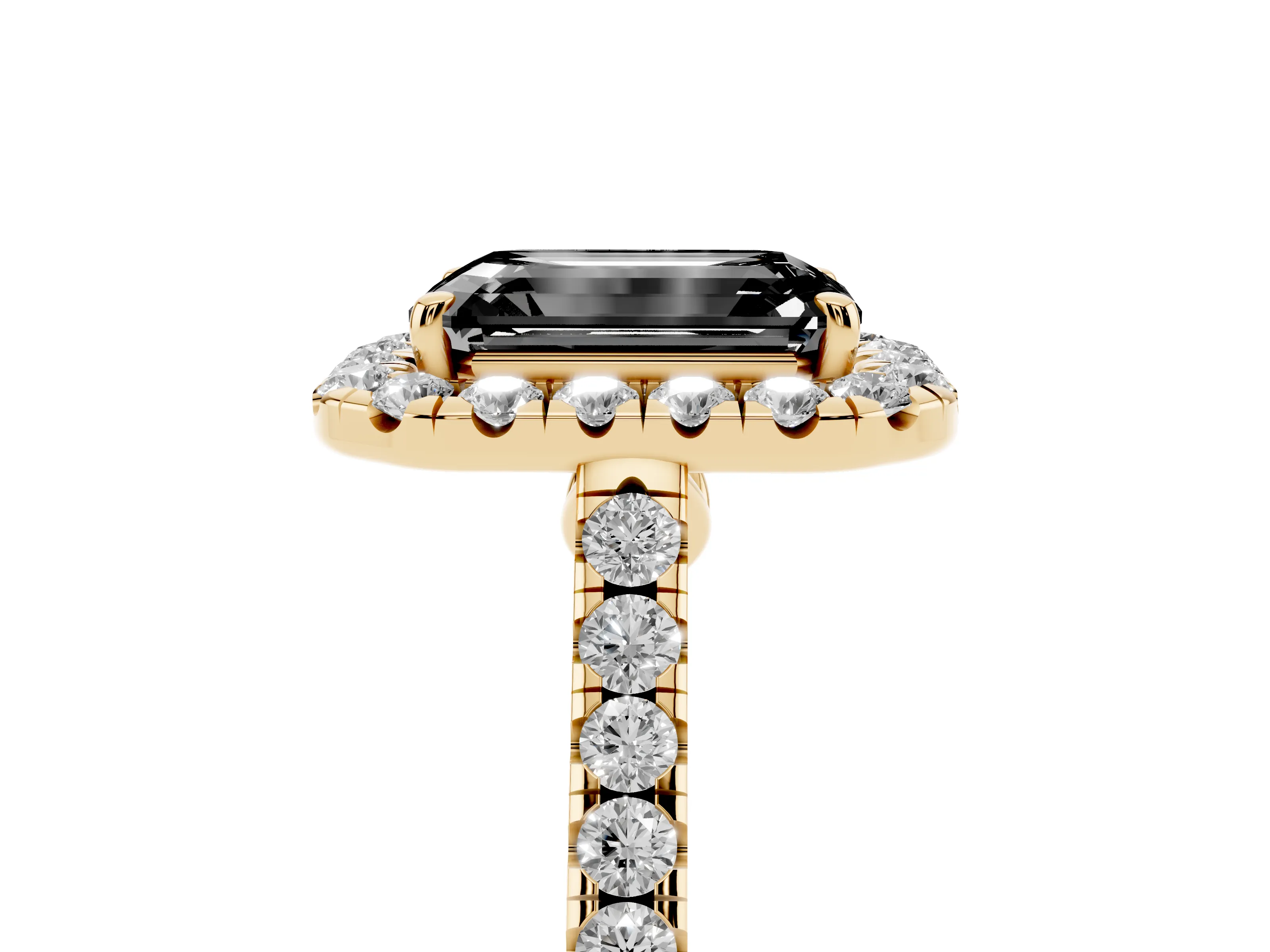 Fancy Black Emerald Cut Diamond Halo Pavé Engagement Ring Set in Yellow gold with Prong Setting