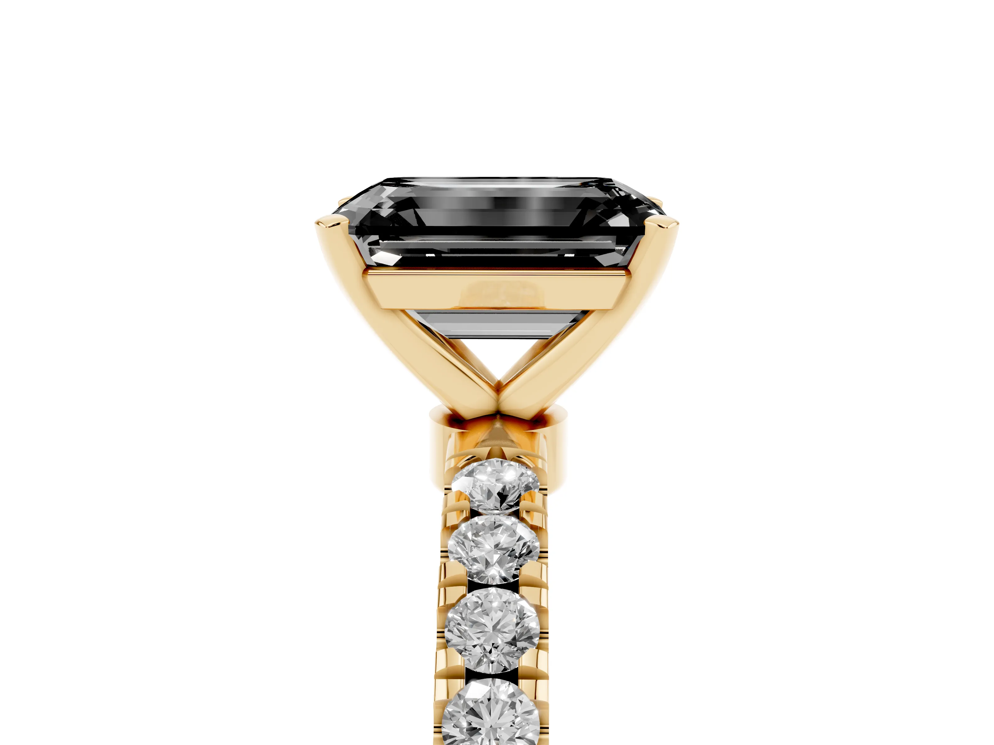 Fancy Black Emerald Cut Diamond Solitaire Ring Set in Yellow gold with Pavé Accents and Prong Setting